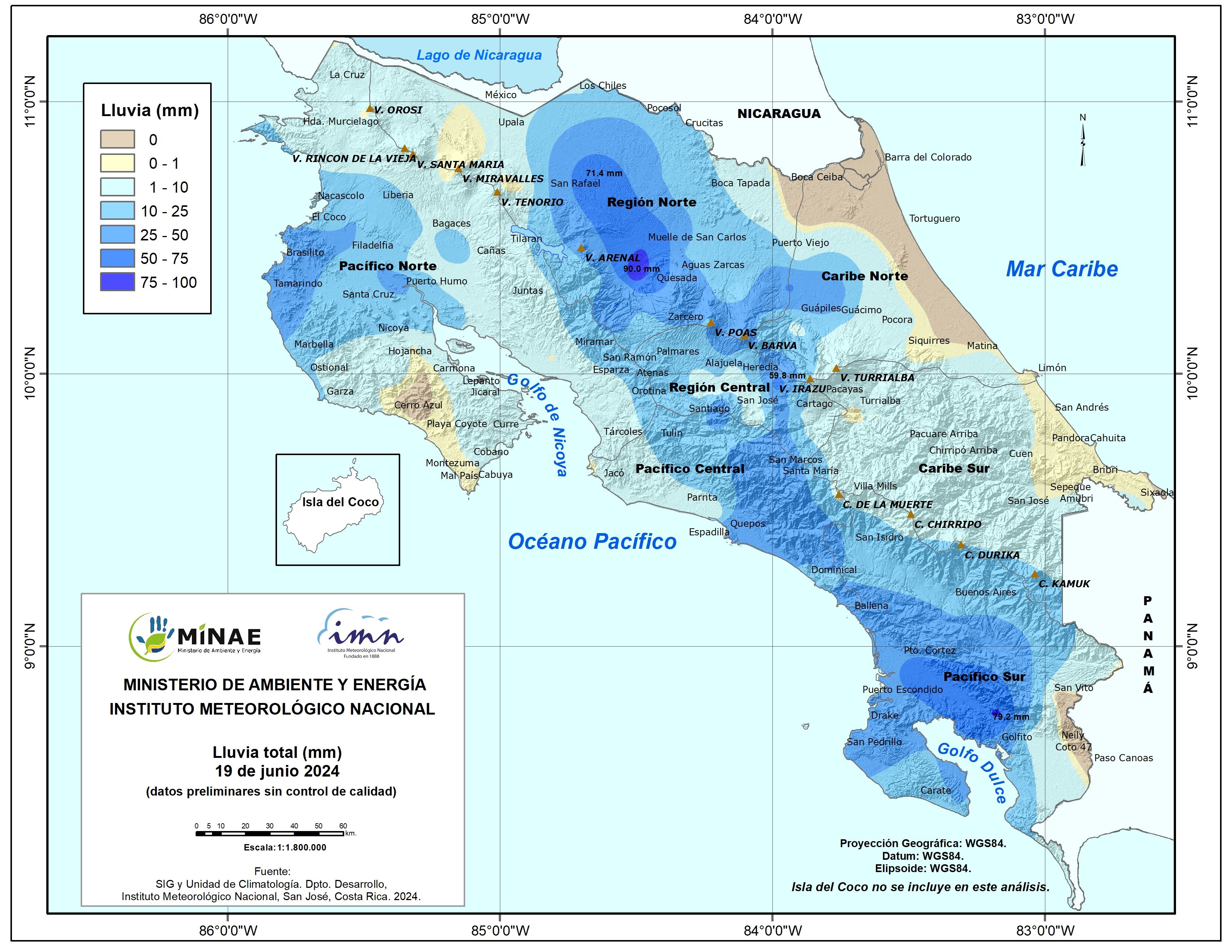 El mapa de lluvias del miércoles evidencia que llovió fuerte entre Tarrazú, Quepos y Dominical. También cerca del lago Arenal y en Golfito. Imagen: IMN.