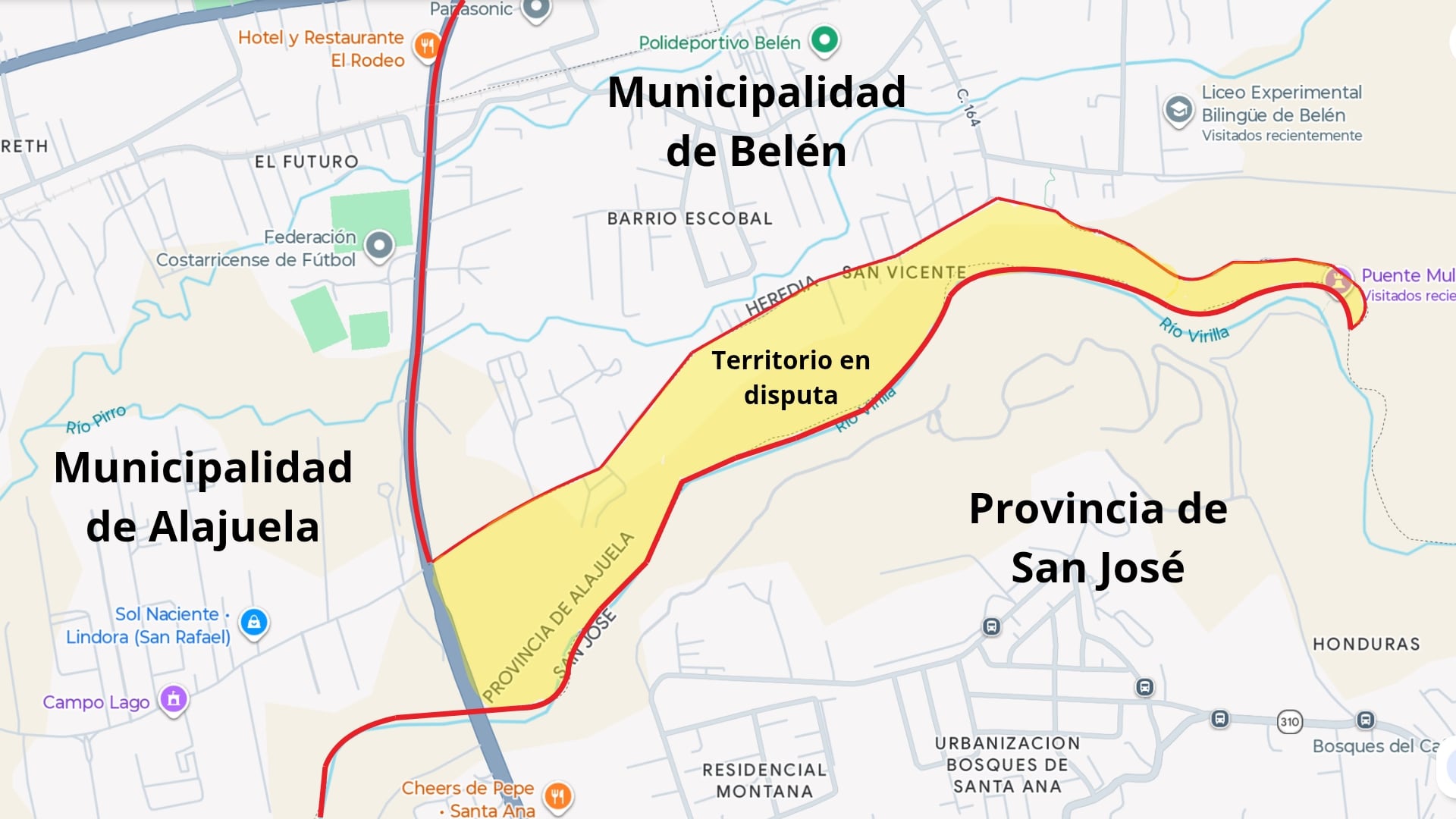La zona marcada de amarillo corresponde a la comunidad de San Vicente, el territorio en disputa entre la Municipalidad de Alajuela y la de Belén.