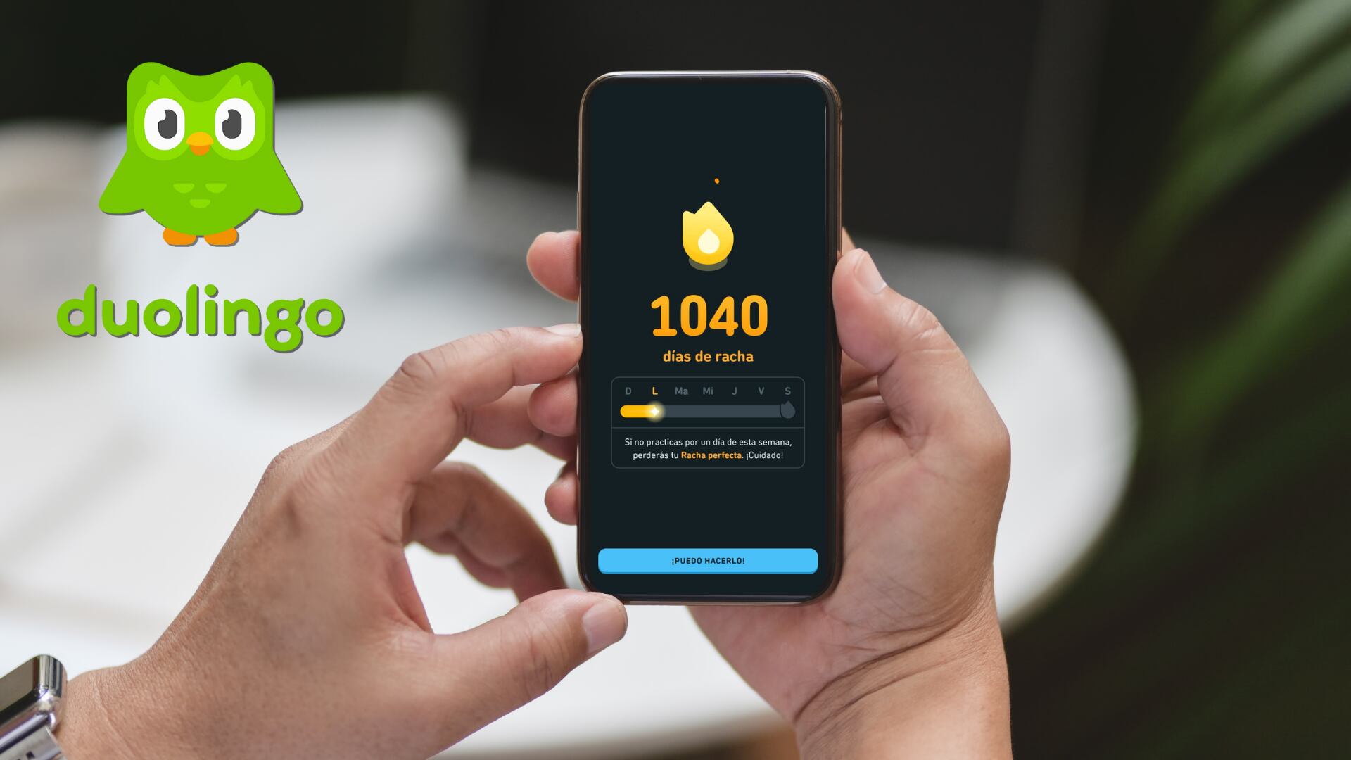 Pantalla de Duolingo con una racha de 1040 días activa, reflejando el compromiso y la presión de no perder el progreso en la plataforma de aprendizaje de idiomas.