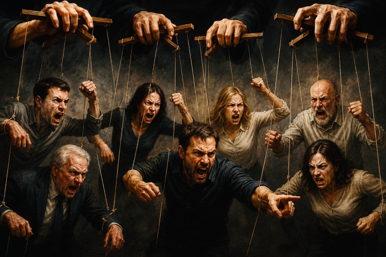 Marionetas, títeres, manipulación de personas, odio, violencia; manos nos mueven con hilos de marioneta
