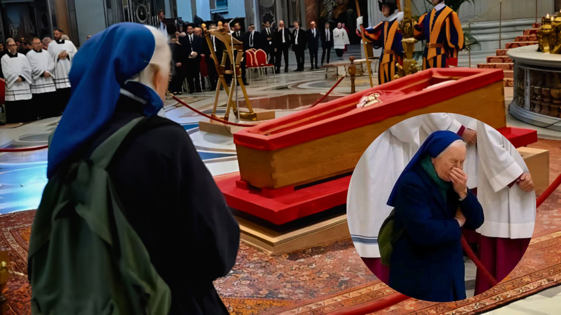 Sor Genevieve Jeanningros, monja de las Hermanitas de Jesús, llora emocionada frente al ataúd del Papa en la basílica de San Pedro, rodeada de clérigos y guardias vaticanos.