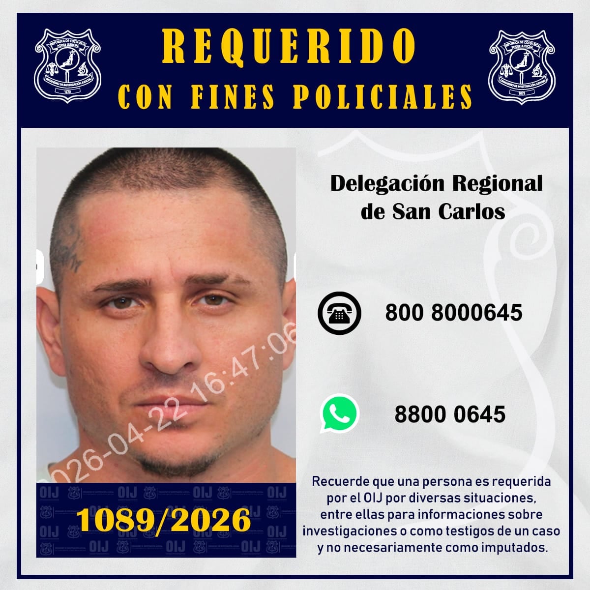 Steven Quirós Hernández, alias Siri, es sospechoso de participar en el homicidio del ingeniero informático y promotor artístico Agustín Alonso Carvajal Benavides.