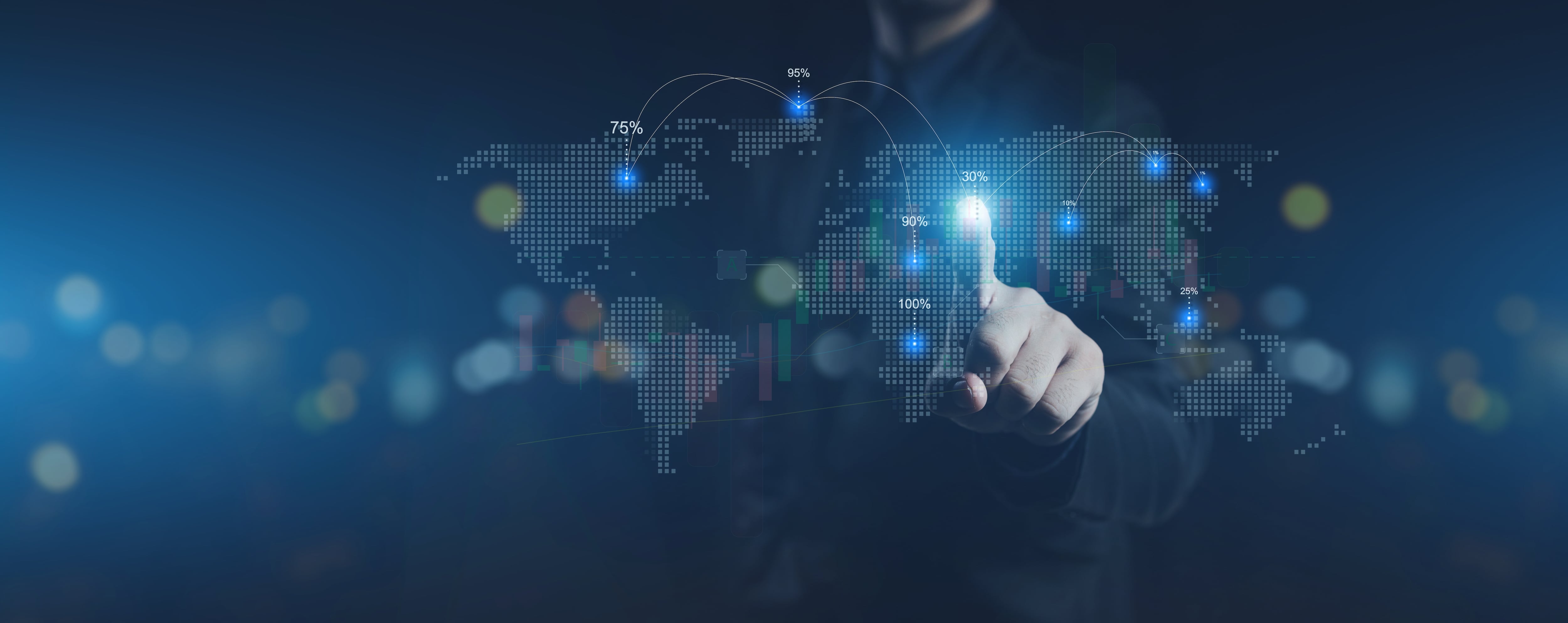 Mapa mundial digital con indicadores financieros y flujos de inversión extranjera directa, relacionado con el aumento de la IED desde Suiza hacia Costa Rica