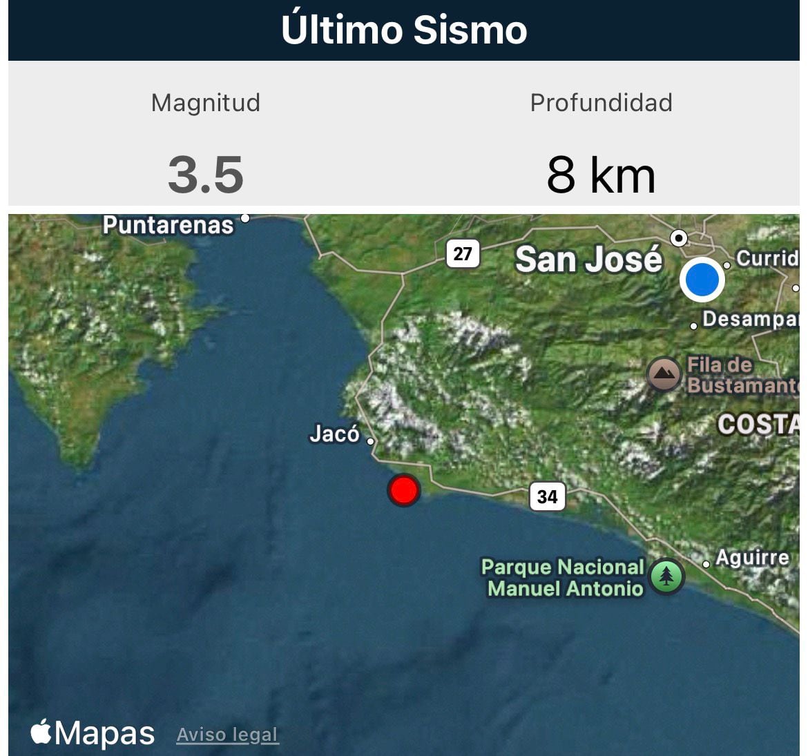 Temblor registrado en Garabito de Puntarenas.
