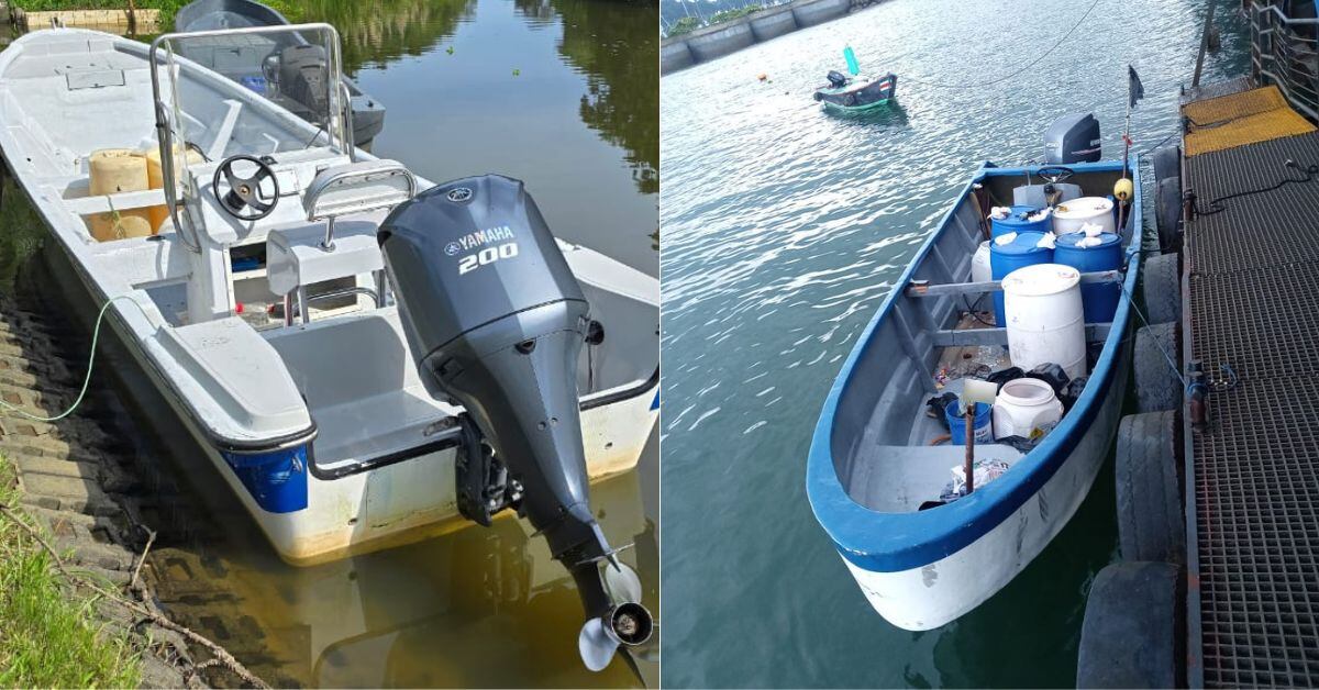 Dos operativos que se llevaron a cabo en Quepos (derecha) y Limón (izquierda), el pasado viernes y la madrugada de este sábado, dejaron como saldo dos lanchas decomisadas, siete personas detenidas y casi mil litros de gasolina incautados. (Fotos: cortesía MSP)