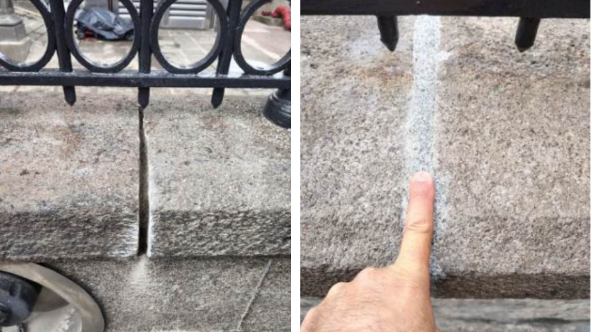 Sisas expandidas en los muros (izq), ahora rellenas de concreto (der).