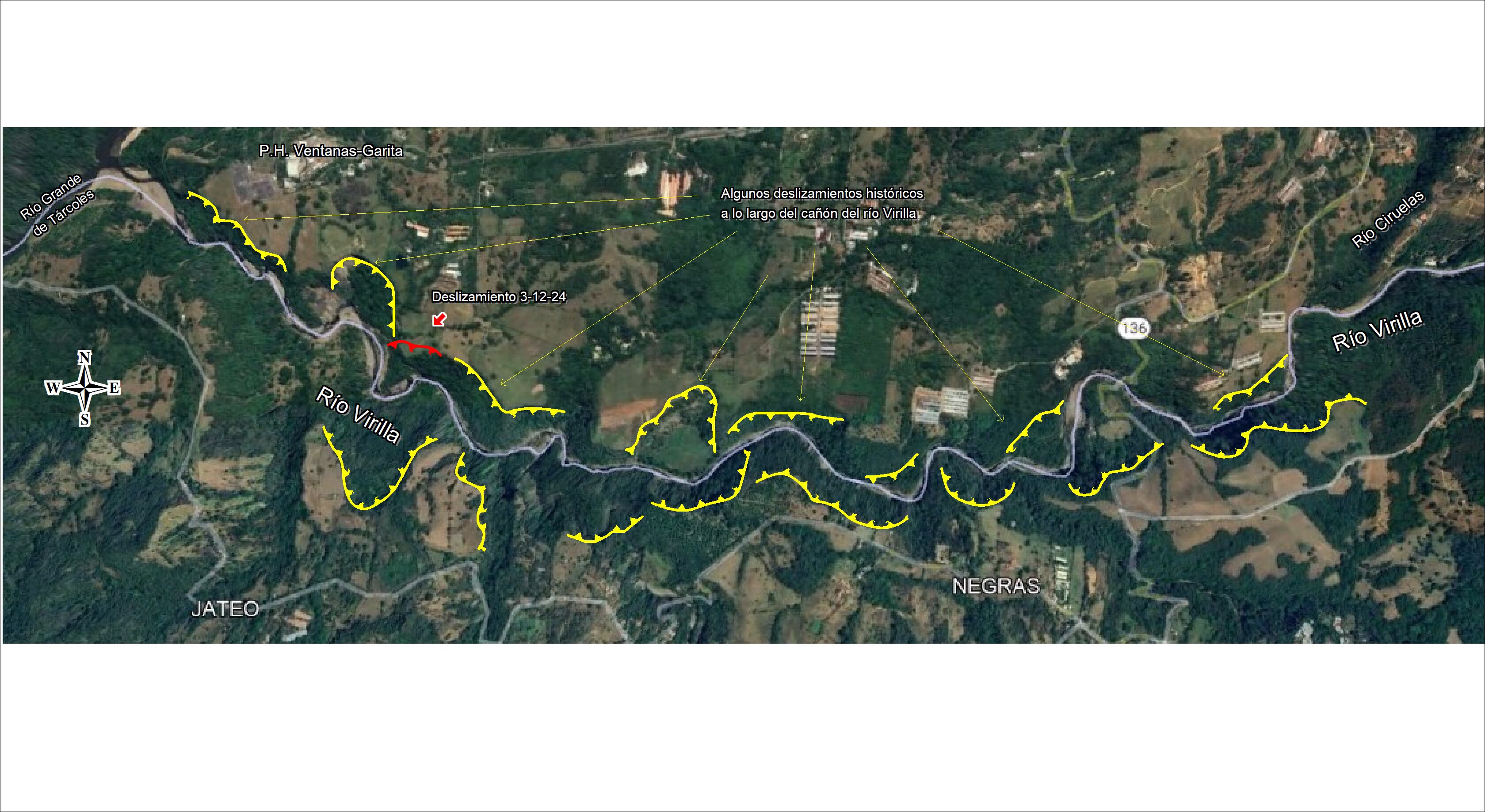 Mapa que muestra los deslizamientos históricos en el cañón del río Virilla, señalando puntos de erosión y movimiento fluvial.