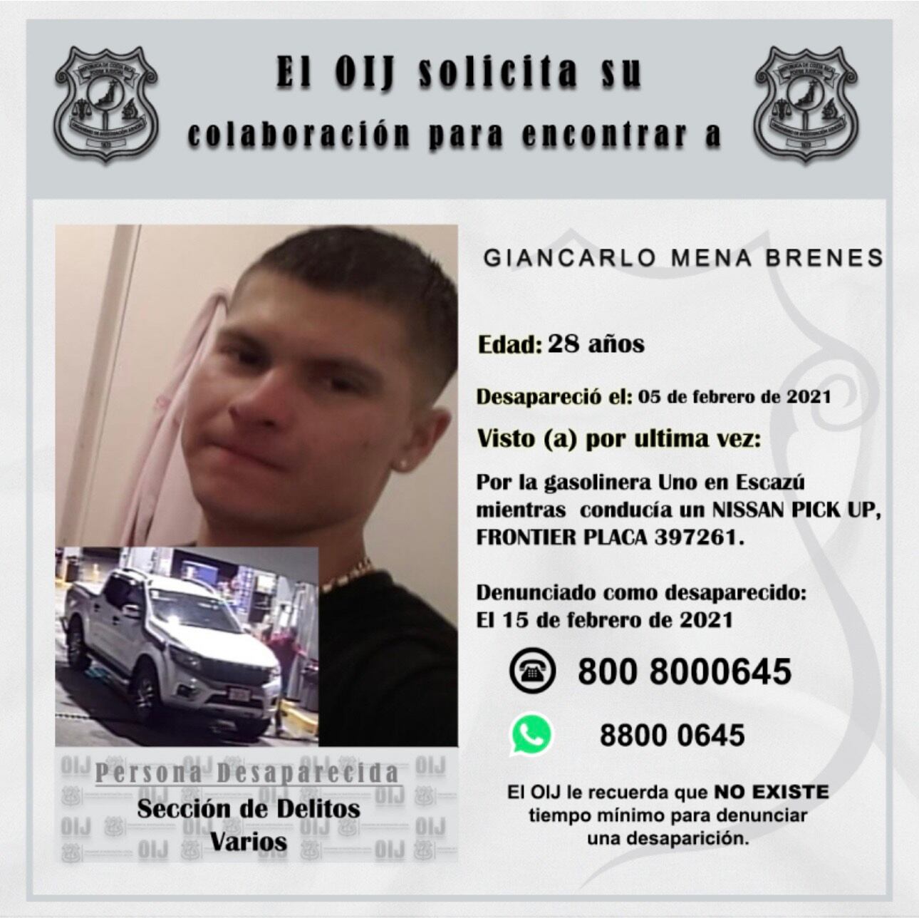 El pick-up blanco de Giancarlo Mena Brenes apareció, pero estaba modificado y los familiares no saben donde lo encontraron las autoridades.