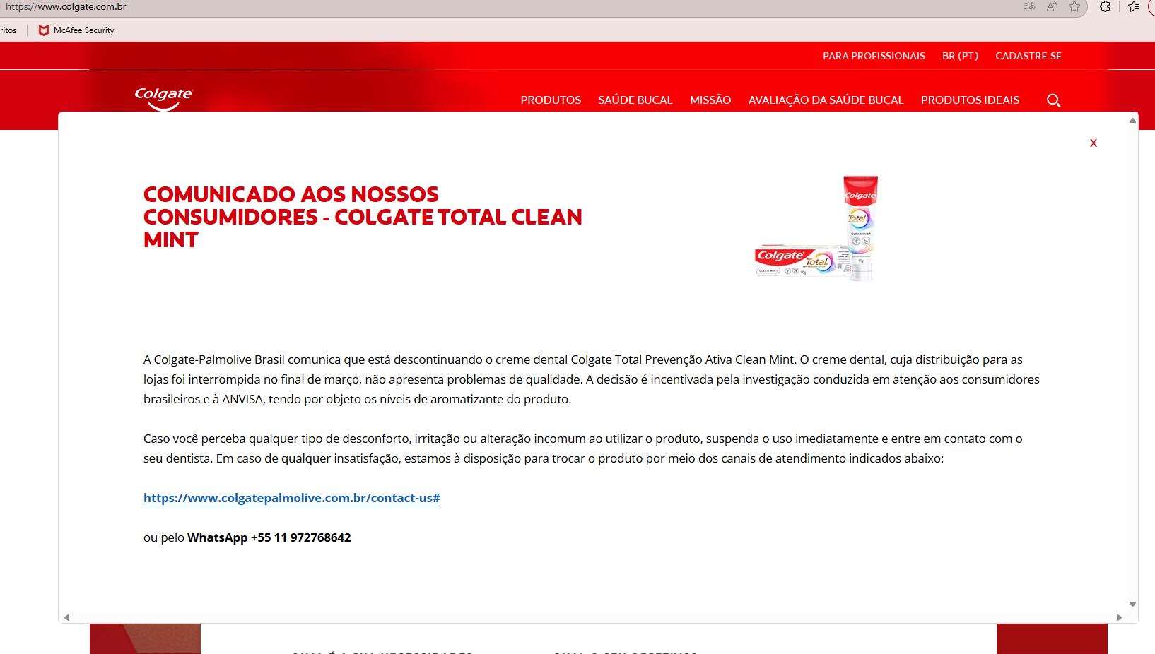 El mensaje en la página de Colgate en Brasil en el que comunicó la retirada de su pasta con fluoruro de estaño.