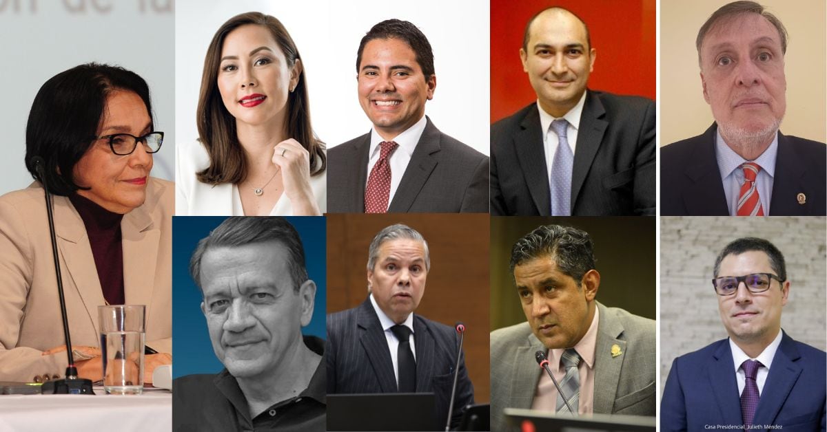 Estos son los miembros del Conassif. Laura Suárez, presidenta. Arriba de izquierda a derecha: Yin Leng Hong, Humberto Grant, Javier Sancho y Humberto Jiménez. Abajo: Juan Antonio Vargas, Róger Madrigal, Nogui Acosta y Andrés Romero.