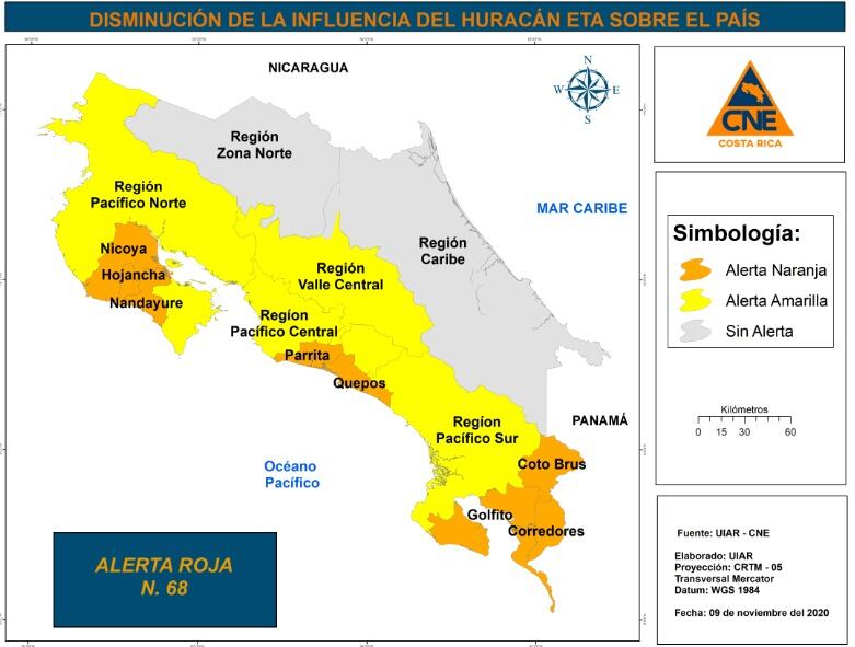 La mitad del territorio quedó libre de alertas ante la mejoría en el tiempo. El Pacífico seguirá con lluvias principalmente en la segunda mitad de la semana. Imagen: CNE