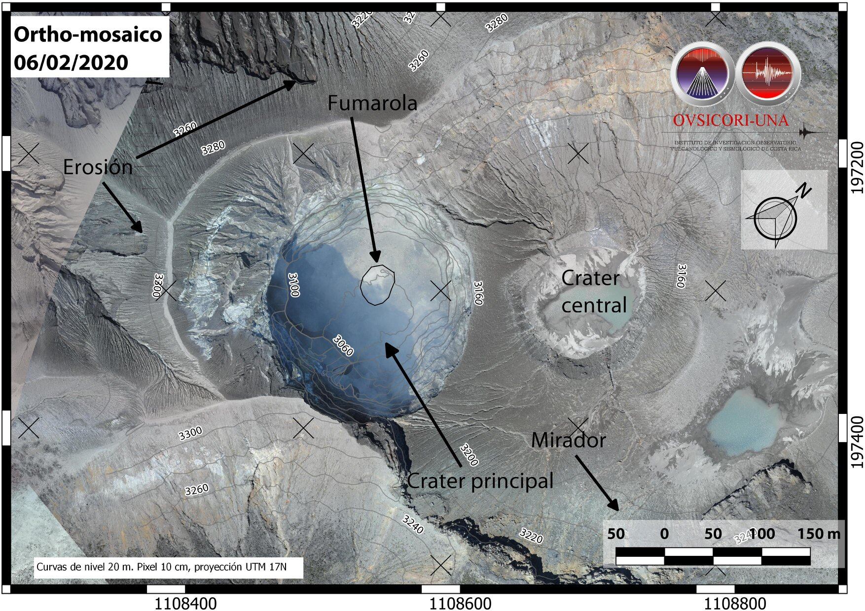 Mediciones en el cráter activo revelan que el desplome de paredes va colmatando el fondo. Algunas fumarolas laterales son las que generan ocasionales salidas de gases y vapor de agua. Foto: Cortesía Ovsicori.