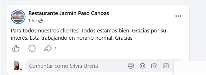 Restaurante informa que se encuentran bien