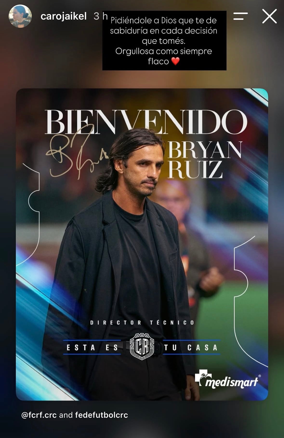 Esta fue la publicación en la que Carolina Jaikel por primera vez se refirió públicamente al nombramiento de Bryan Ruiz como técnico de la Selección de Costa Rica.