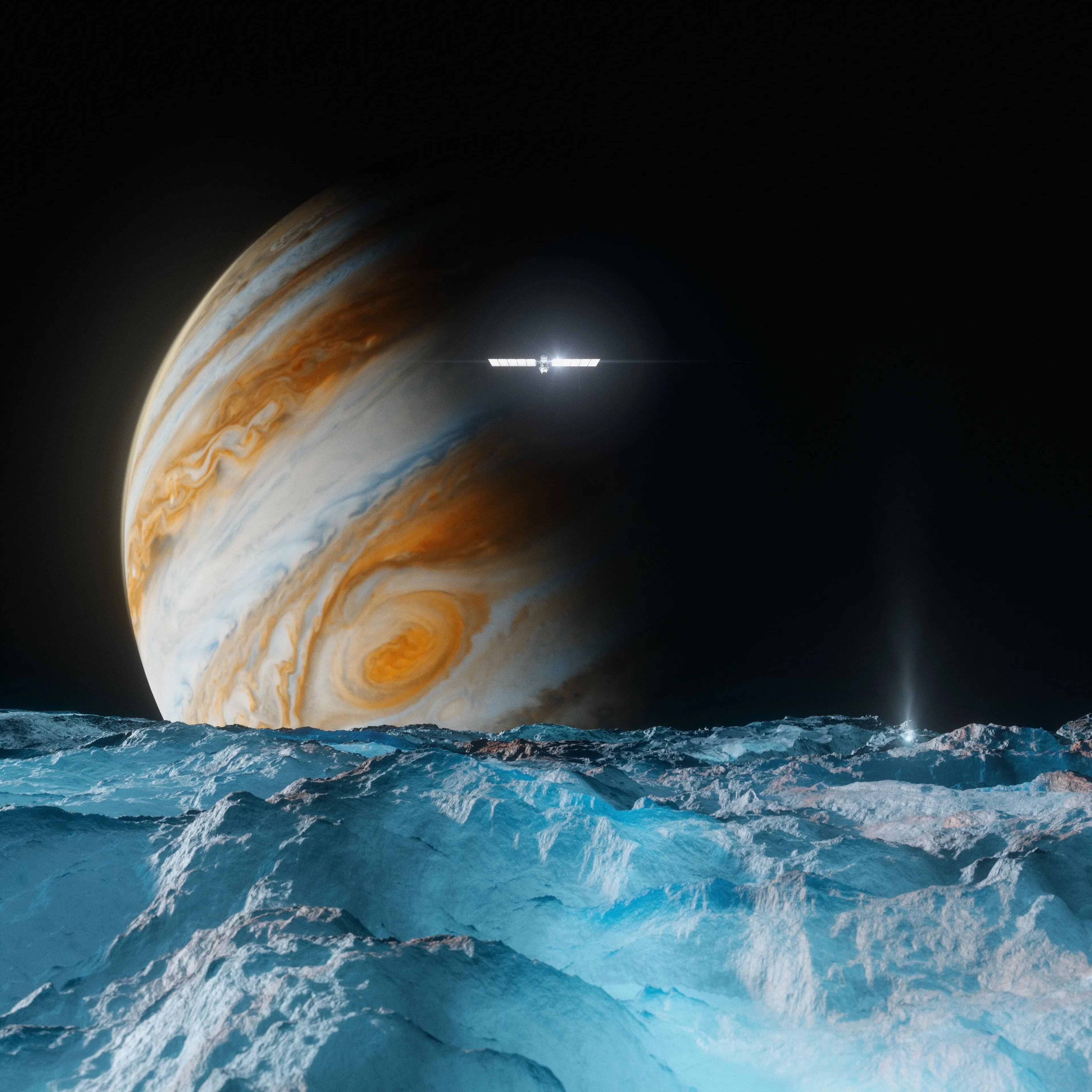 Ilustración que muestra a la nave espacial de la NASA Europa Clipper sobrevolando la superficie de hielo de la luna Europa, con Júpiter y el espacio de fondo. Fotografía: NASA/JPL-Caltech.