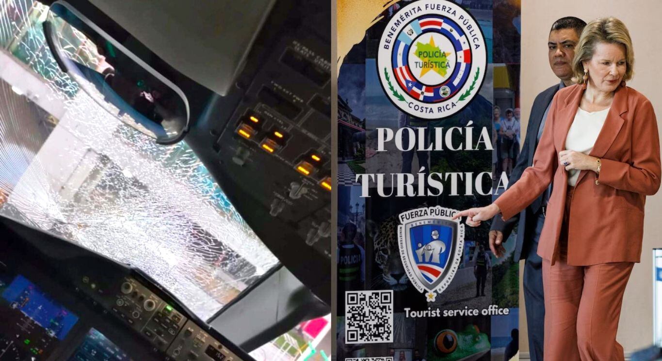 Detalle de la fractura sufrida en el parabrisas principal en la cabina de pilotos del Boeing 787 en el cual viajaba su alteza. Fotografía: