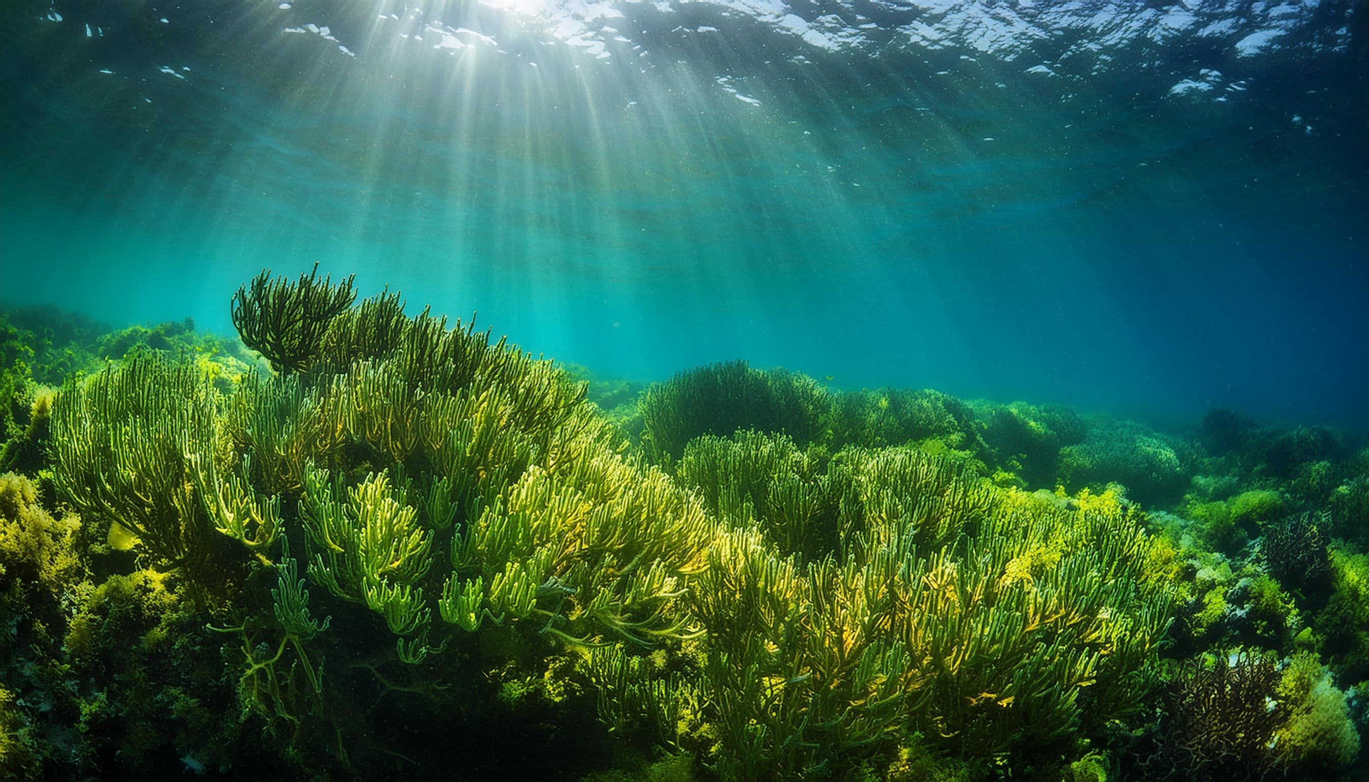 Algas en el suelo oceánico, fondo del océano Atlántico, en Galicia, España