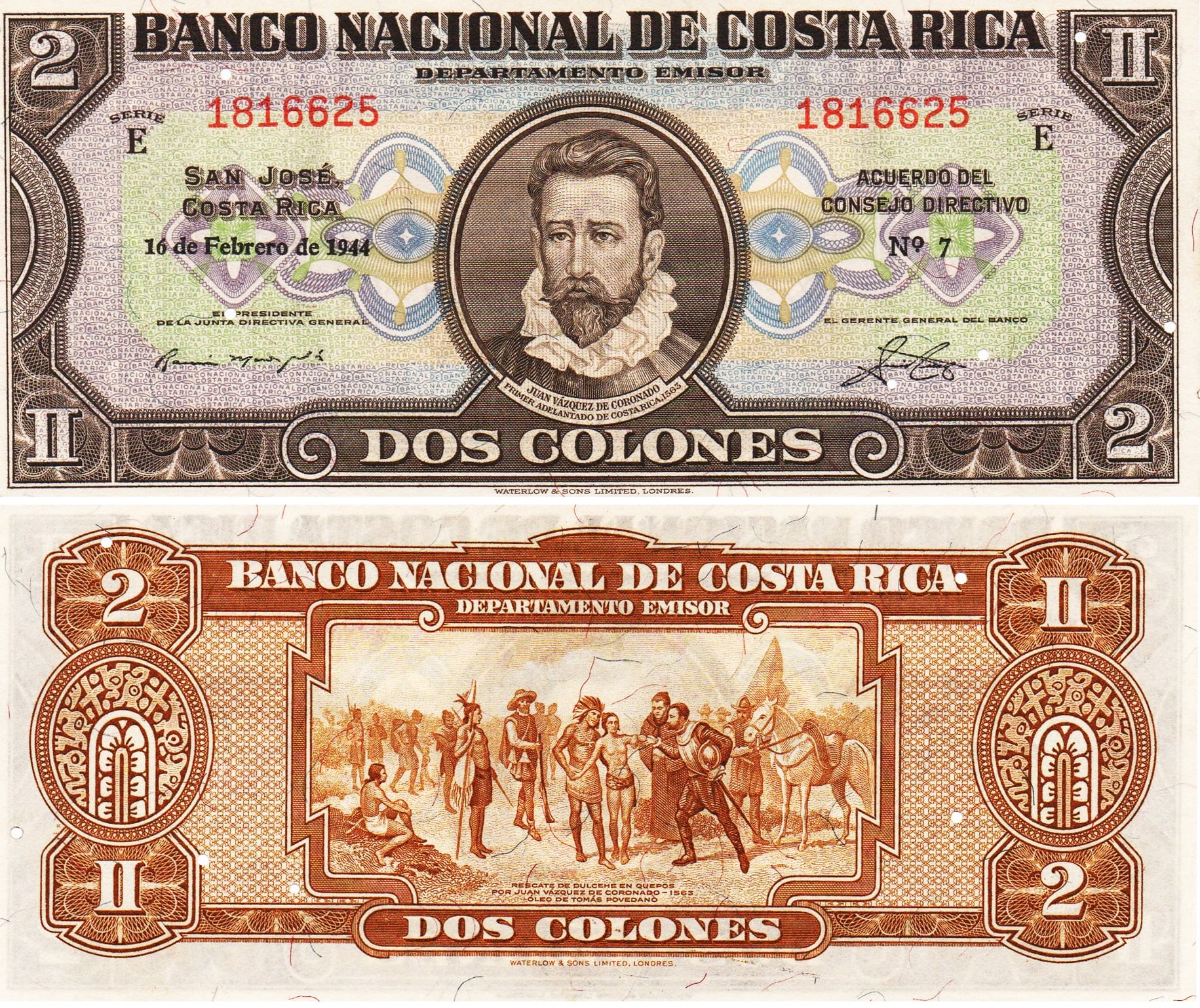 Juan Vázquez de Coronado en el billete de dos colones del Banco Nacional, 1941.
Se reproduce del libro de José Alberto Carranza, 'Historia de los billetes de Costa Rica 1858-2012' (2012).