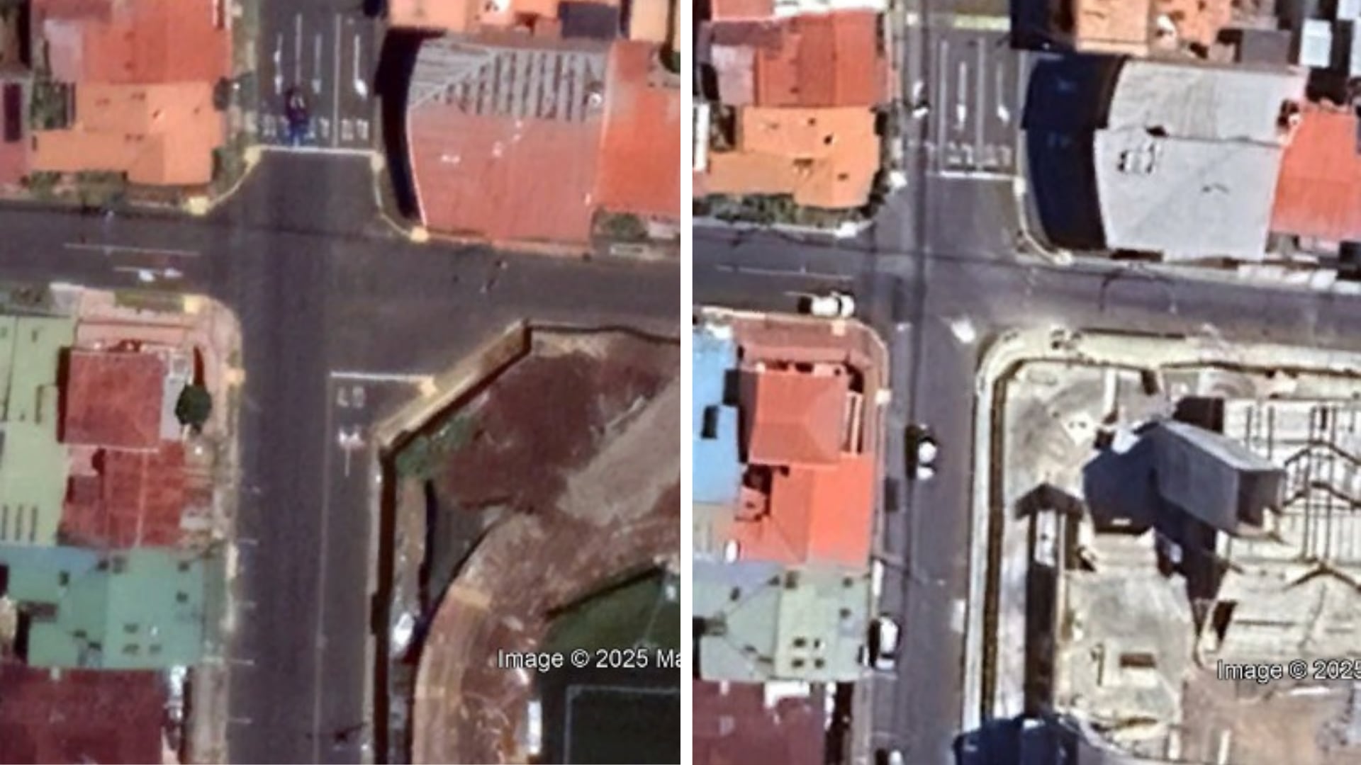 Imagen satelital comparativa en el sector donde se remodela el Estadio Rosabal Cordero, en Heredia.