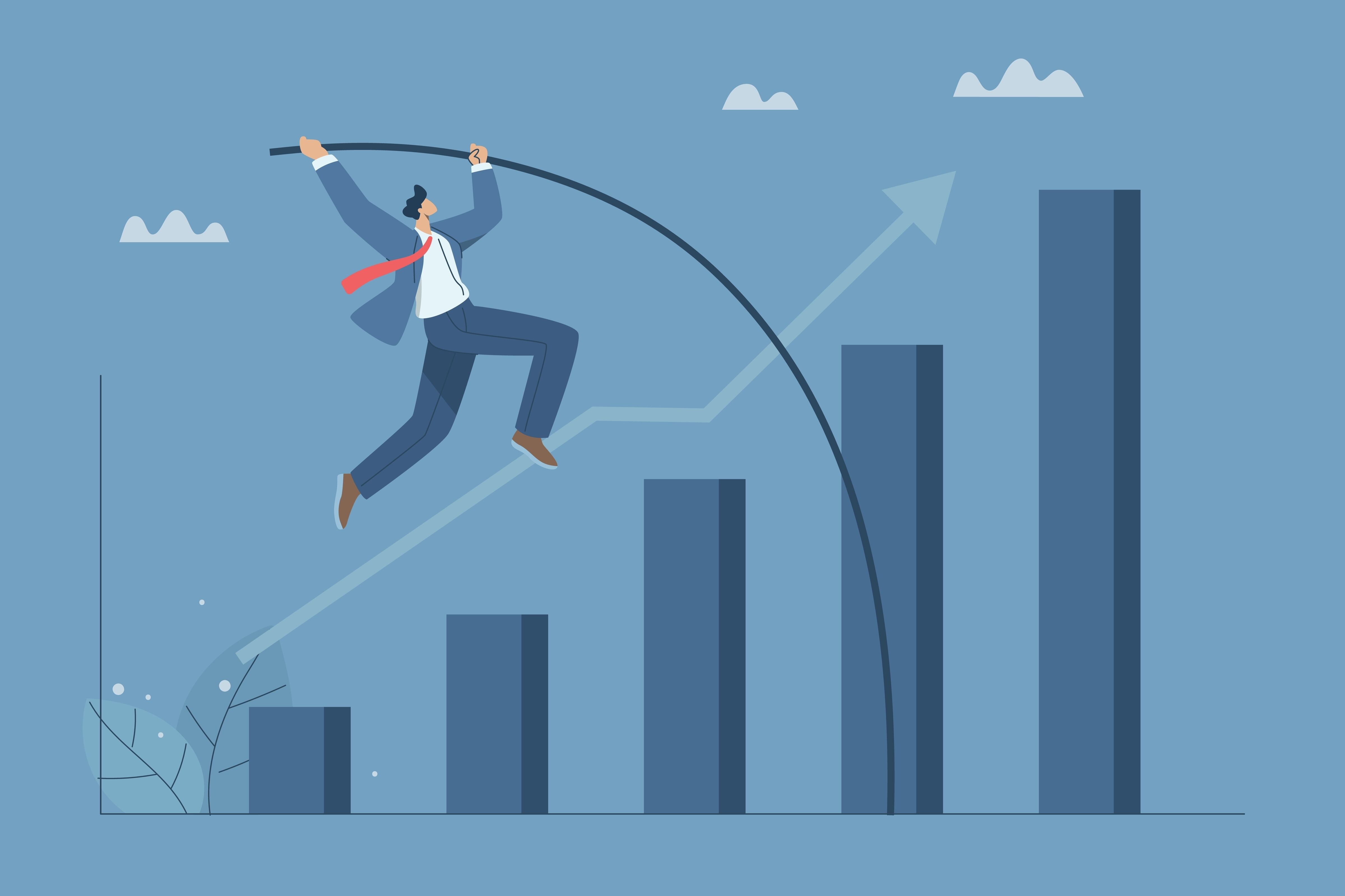 Ilustración conceptual de éxito financiero, de empresa, empresario exitoso, competencia exitosa, ascenso, logro, metas superadas