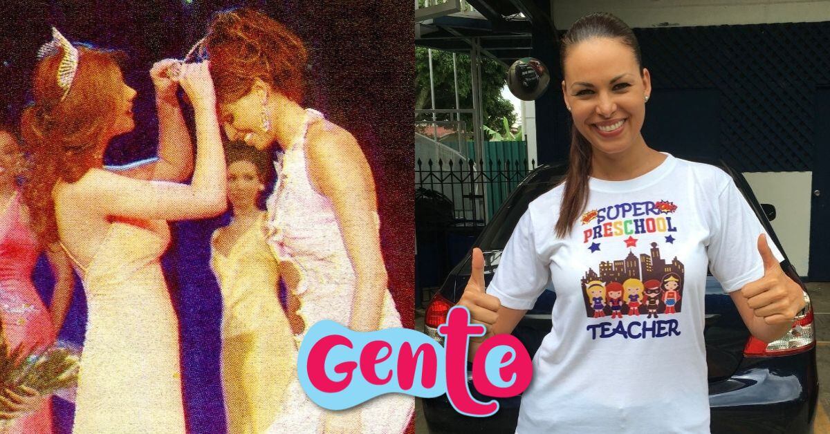 Izquierda: Nancy Soto siendo coronada como Miss Universo 2004; Derecha: Nancy Soto en la actualidad con los pulgares levantados y una blusa que dice teacher. Al medio y abajo, la imagen tiene un logo que dice Gente, una sección de nacion.com