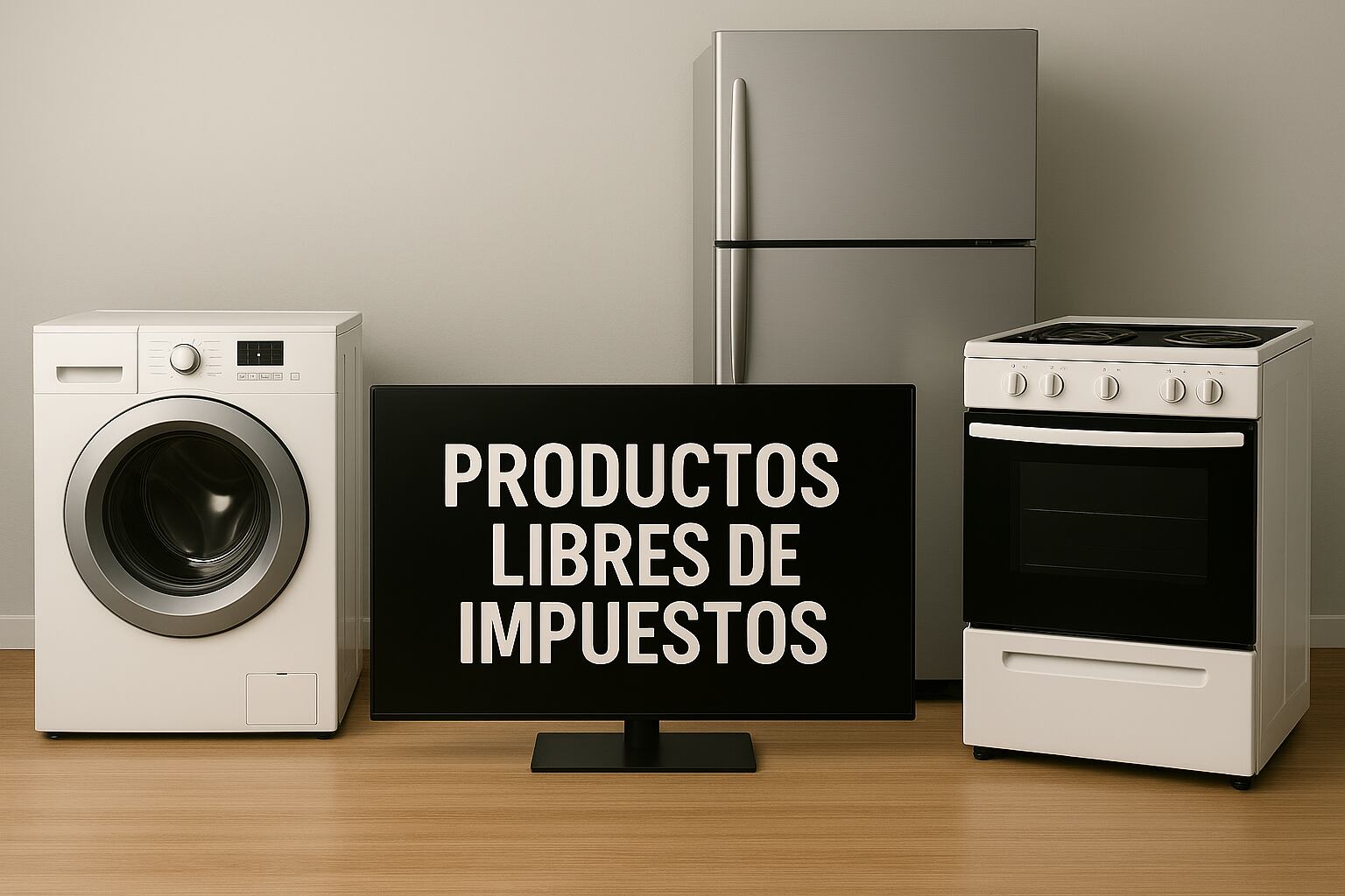 Lavadora, refrigeradora, cocina y pantalla con letrero de “Productos libres de impuestos”, artículos destacados por su menor precio en el Depósito Libre de Golfito frente a tiendas nacionales.