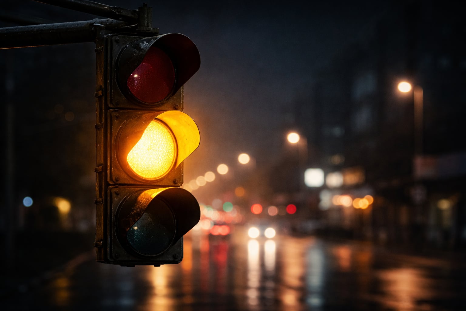 Semáforo en amarillo como señal de alerta, de cuidado, de atención, de no pase