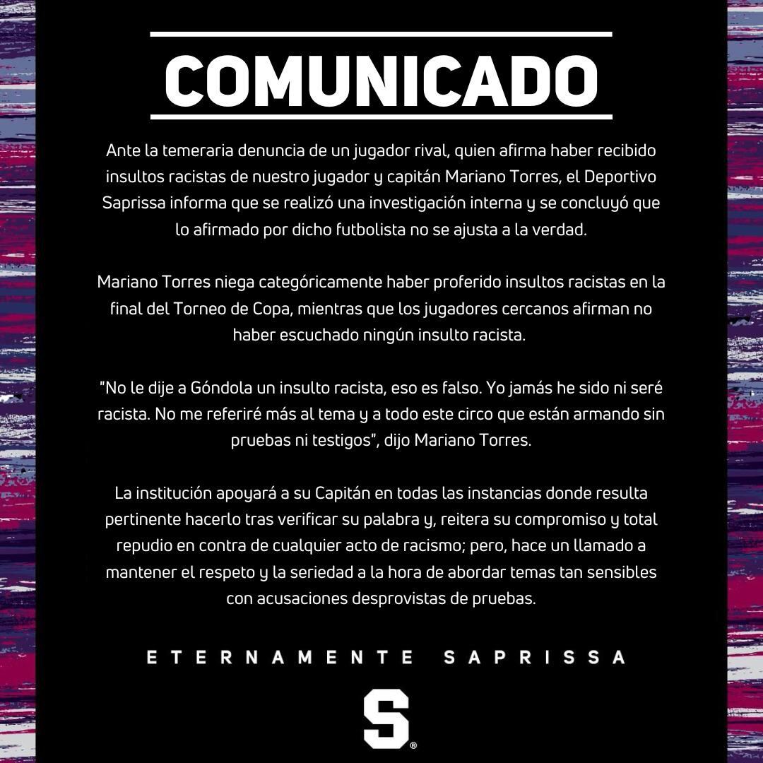 Saprissa realizó un comunicado en el que niega que Mariano Torres realizara algún tipo de insulto racista contra el atacante de Alajuelense, Freddy Góndola.