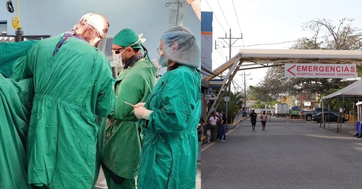 Una composición fotográfica. A la izquierda, un grupo de cirujanos. A la derecha, la entrada de emergencias del viejo Hospital de Puntarenas.