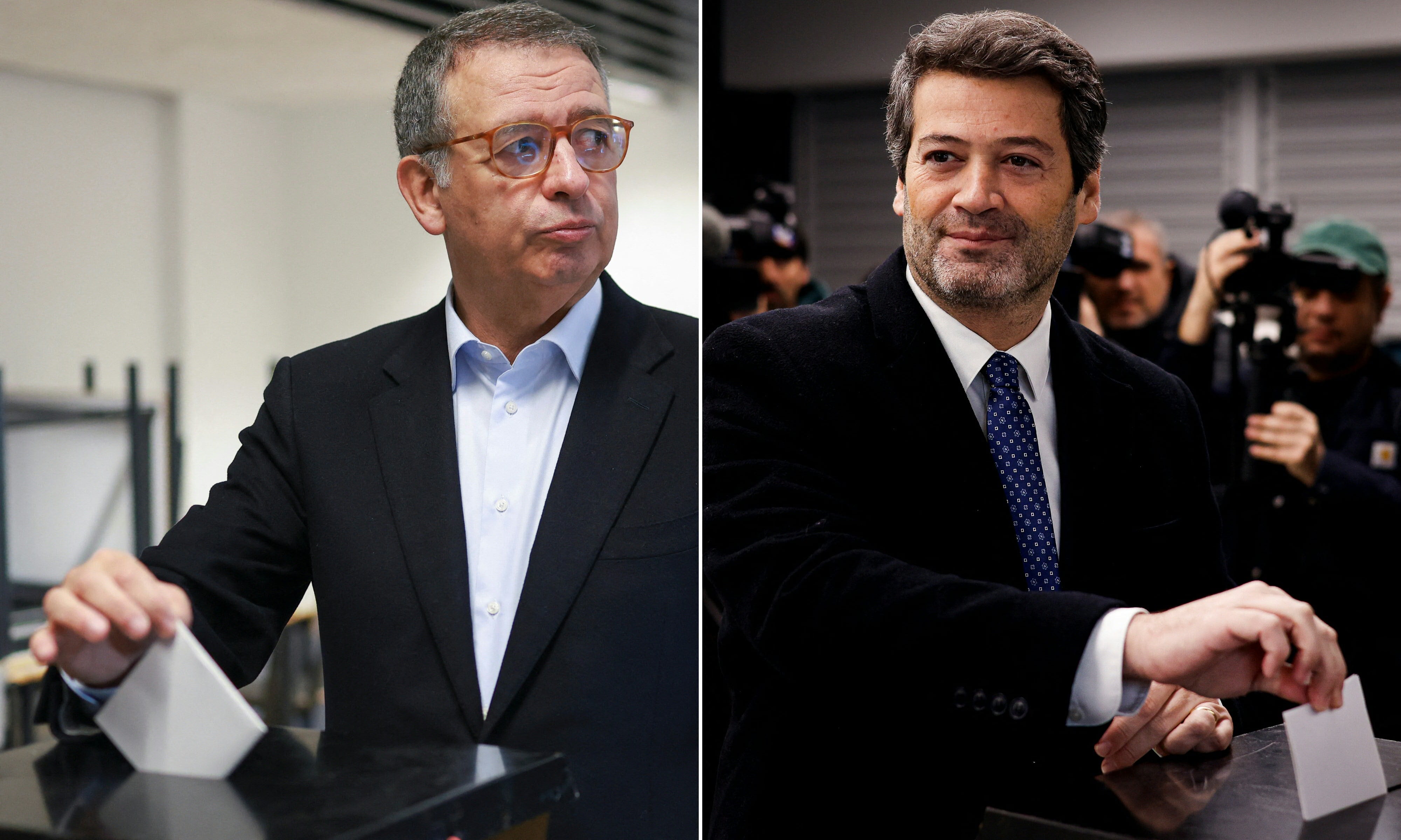 En la imagen, el candidato socialista António José Seguro (izq.) emitiendo su voto en Caldas da Rainha y el candidato de extrema derecha André Ventura votando en Lisboa, durante la segunda vuelta de la elección presidencial de Portugal.