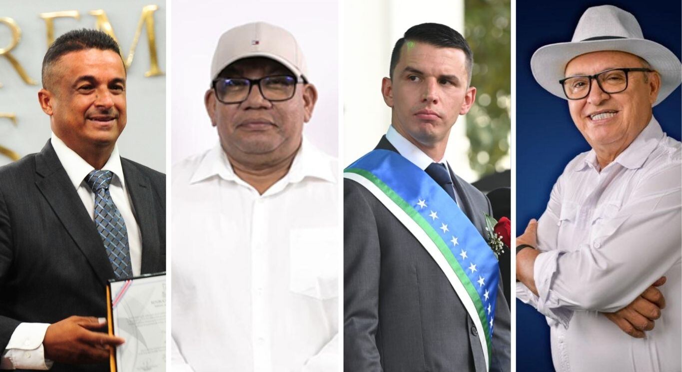 Imágenes de los alcaldes mejor pagados de Costa Rica: Cristian Torres (La Unión), Rugeli Morales (Talamanca), Diego Miranda (San José) y Walter Céspedes (Matina), resaltando la desproporción de sus salarios en comparación con el del ministro de Hacienda.