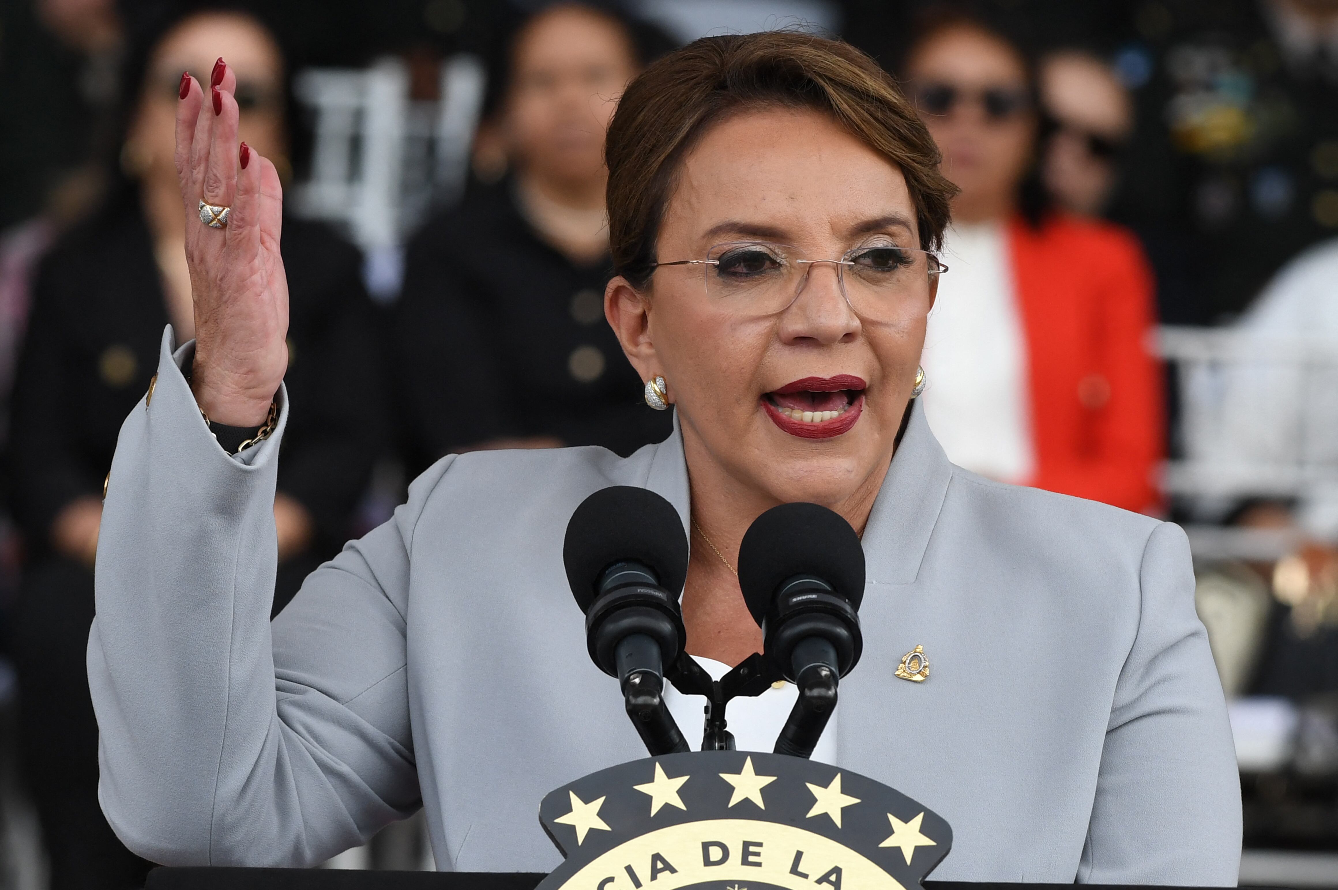 Hondura's President Xiomara Castro delivers a speech during the celebration of the 199th anniversary of the Honduran Army, at the Parada Marte field, in Tegucigalpa, on December 11, 2024. (Photo by Orlando SIERRA / AFP)