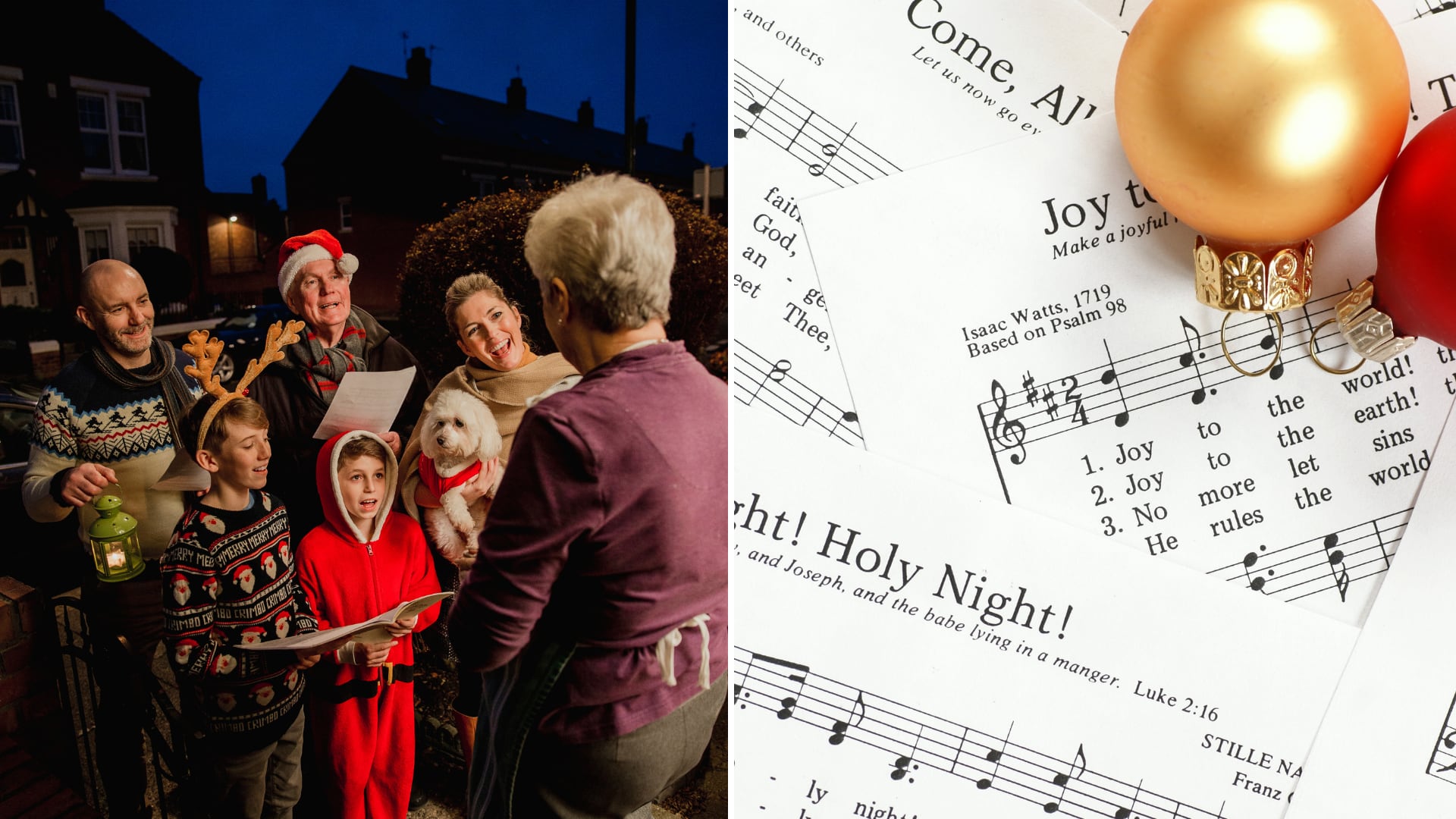 Personas cantando villancicos en un vecindario decorado para Navidad junto a una imagen de partituras de villancicos tradicionales y adornos navideños.