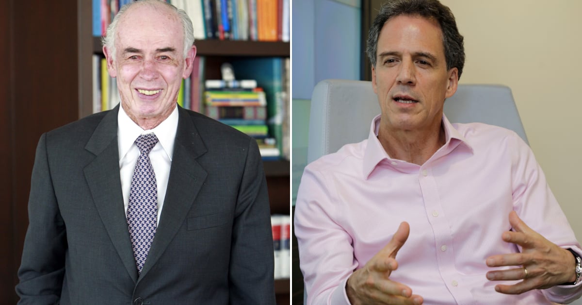 José Alejandro Cortés, de pie con traje oscuro frente a una biblioteca, y Miguel Cortés Kotal, hablando con gestos en una oficina, líderes de Davivienda.