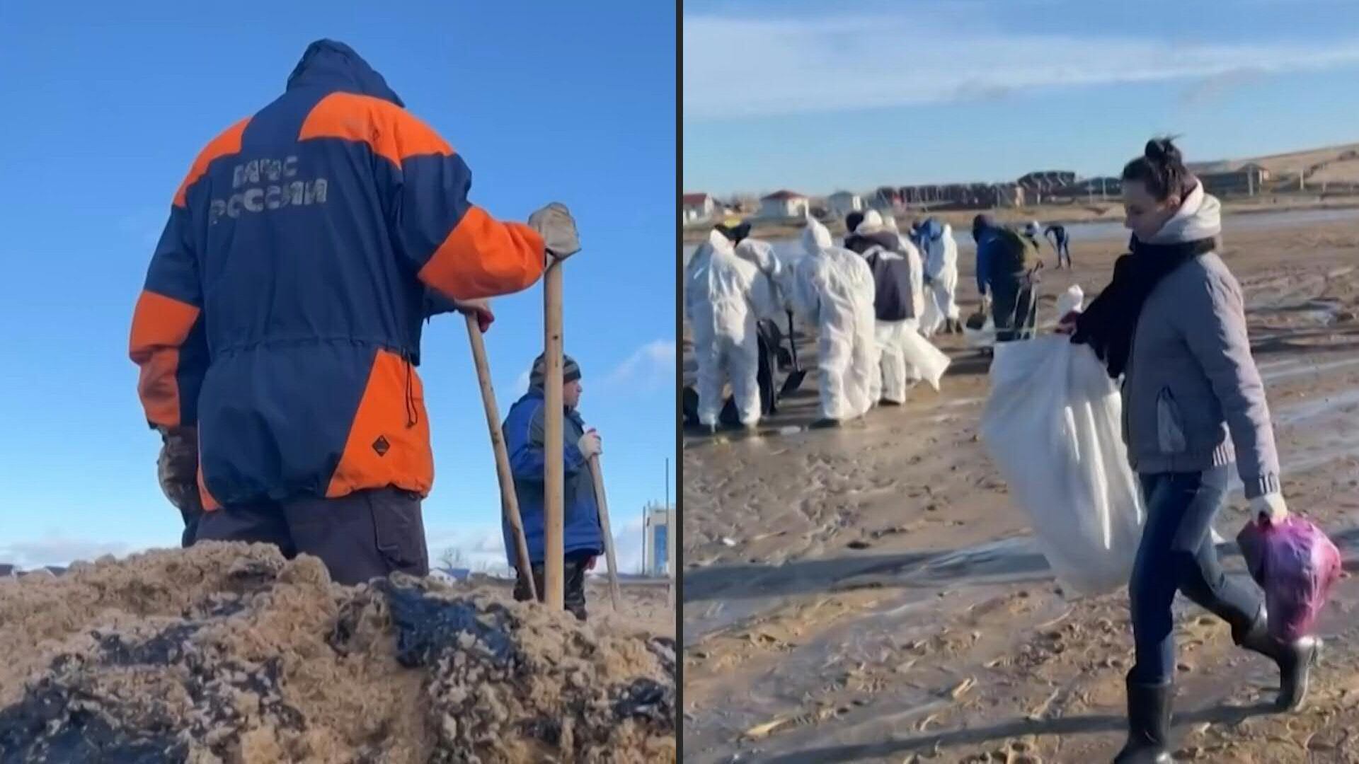 Las autoridades rusas anunciaron estar limpiando petróleo en decenas de kilómetros de playas de la región de Krasnodar tras el naufragio de dos petroleros en el estrecho de Kerch, cerca de la península anexionada de Crimea. Foto: AFP
