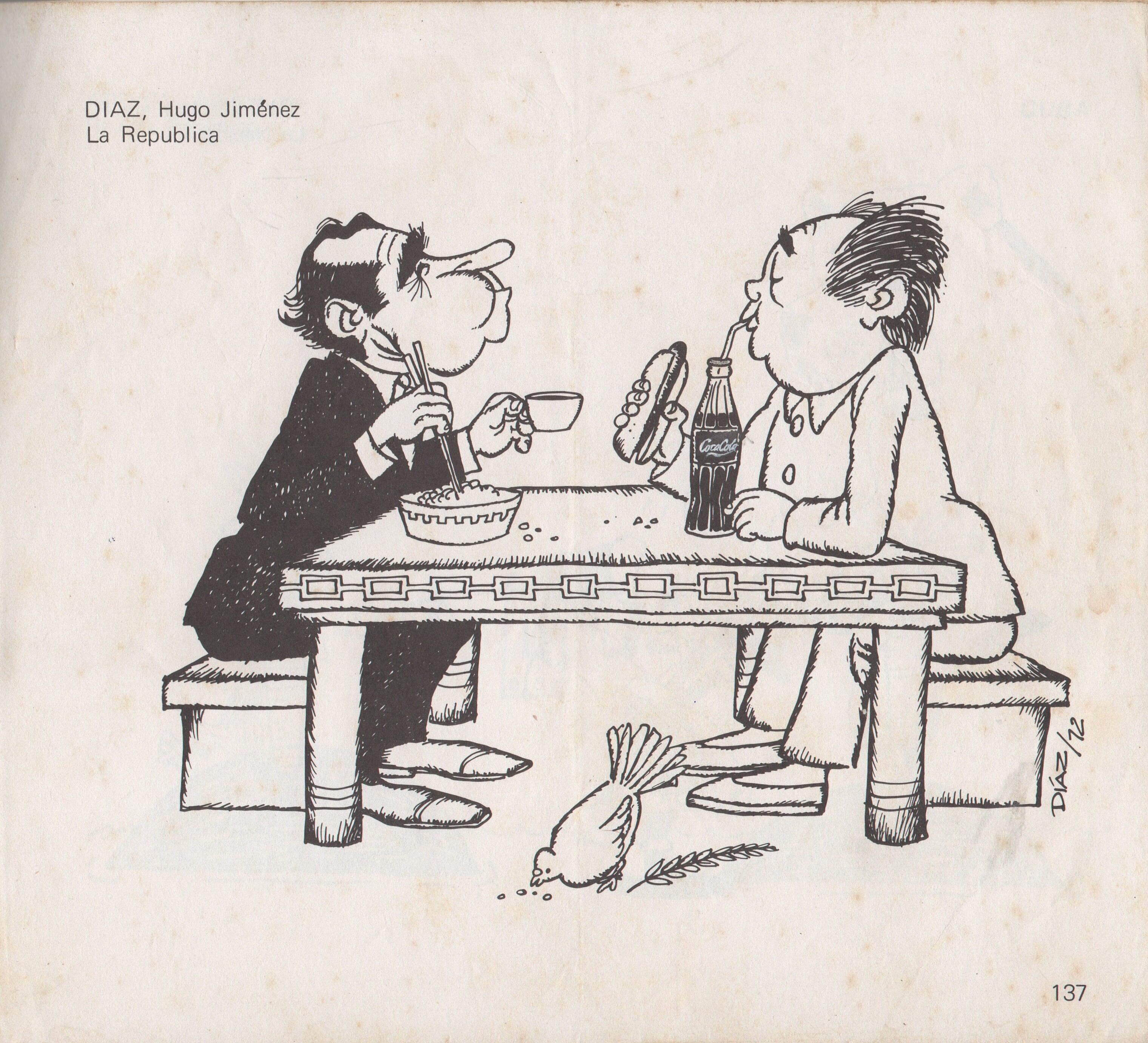 Caricatura sobre la reunión entre Richard Nixon y Mao Tse-Tung con la que Hugo Díaz obtuvo el Segundo Premio en caricatura editorial en el Noveno Salón Internacional de Caricaturas, Pabellón del Humor Gráfico: el hombre y su mundo, Montreal, Canadá, 1972.
