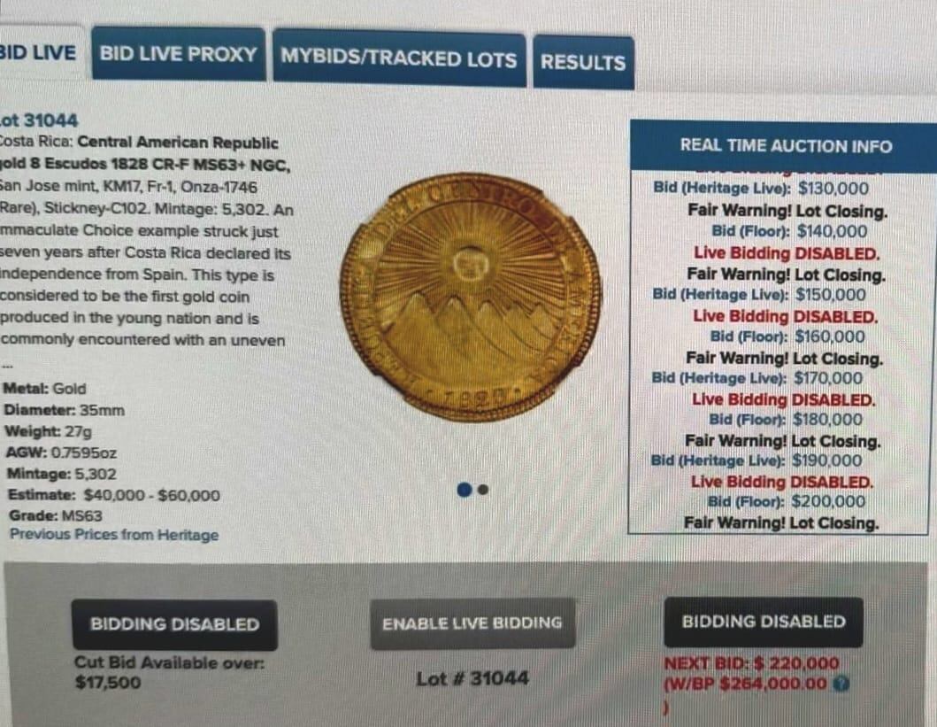 Captura de pantalla de subasta de moneda.