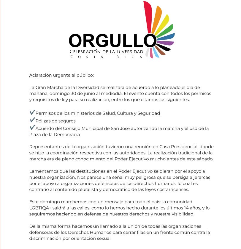 Esta fue la respuesta oficial de la organización de la Marcha de la Diversidad ante el comunicado emitido por Presidencia. (Foto: Orgullo) (Orgullo)
