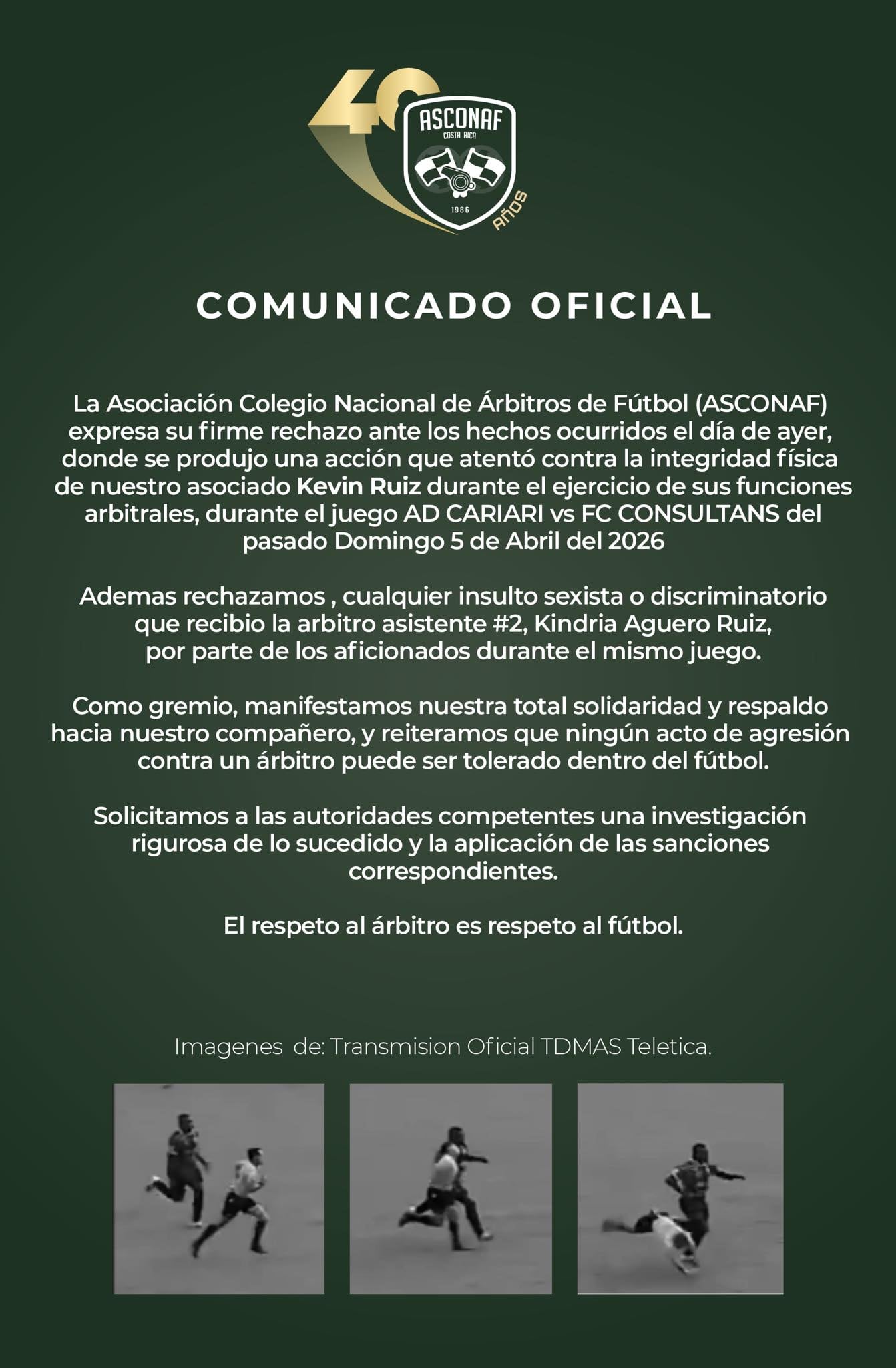 La Asociación Colegio Nacional de Árbitros de Fútbol se pronunció sobre lo ocurrido en el partido entre Cariari y Fútbol Consultants, en la Liga de Ascenso.