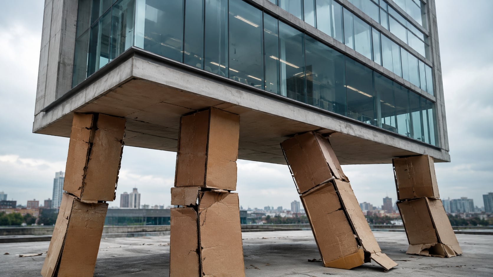Imagen de un edificio de cimientos endebles, sostenido sobre cartones