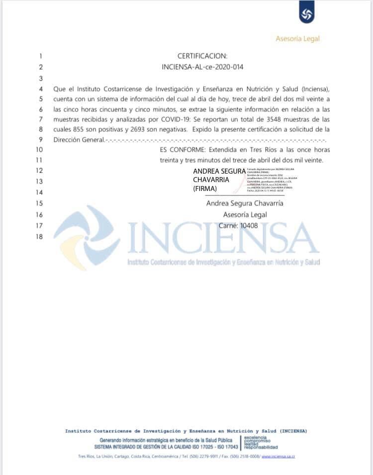 Segunda parte de la respuesta de Inciensa. Esta fue la única página, de dos de las cuales consta el informe, publicada por Diario Extra.