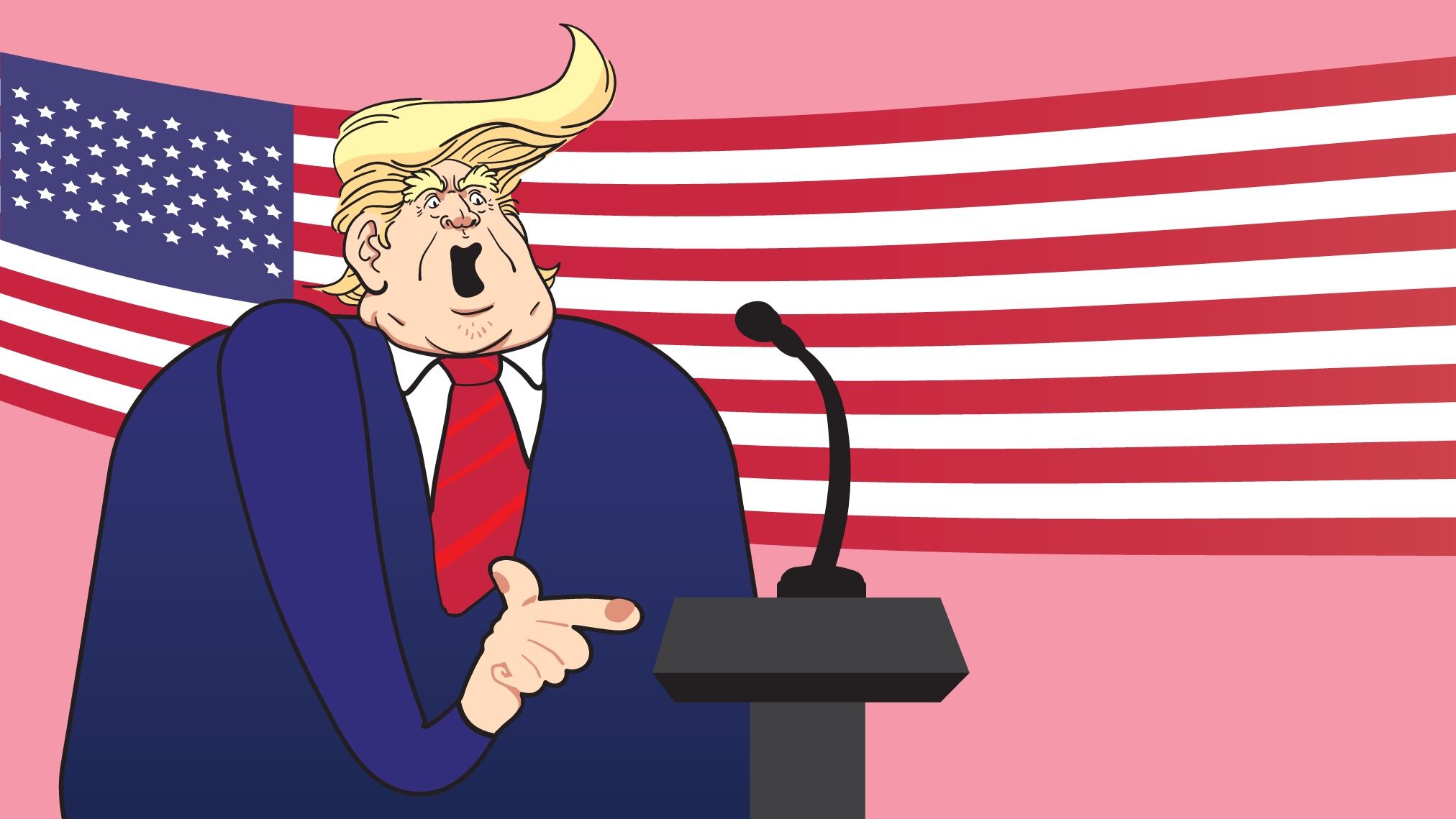 Caricatura de Donald Trump frente al micrófono, delante de bandera de Estados Unidos