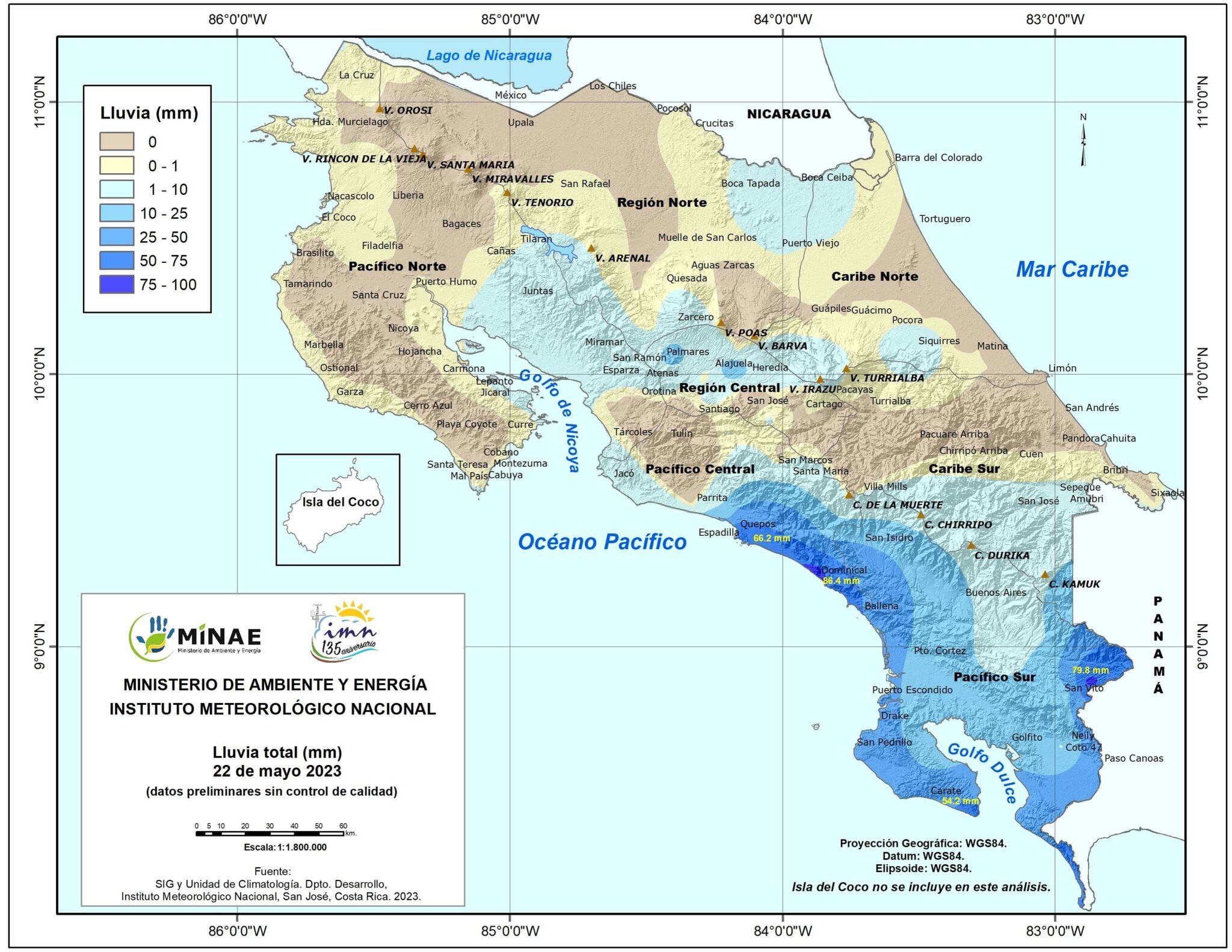 Como se observa en este mapa de lluvias caídas el lunes, la zona sur es la que tienemontos más elevados, y tímidamente se notan las precipitaciones en el Pacíco central y unas partes del Valle Central. Imagen: IMN