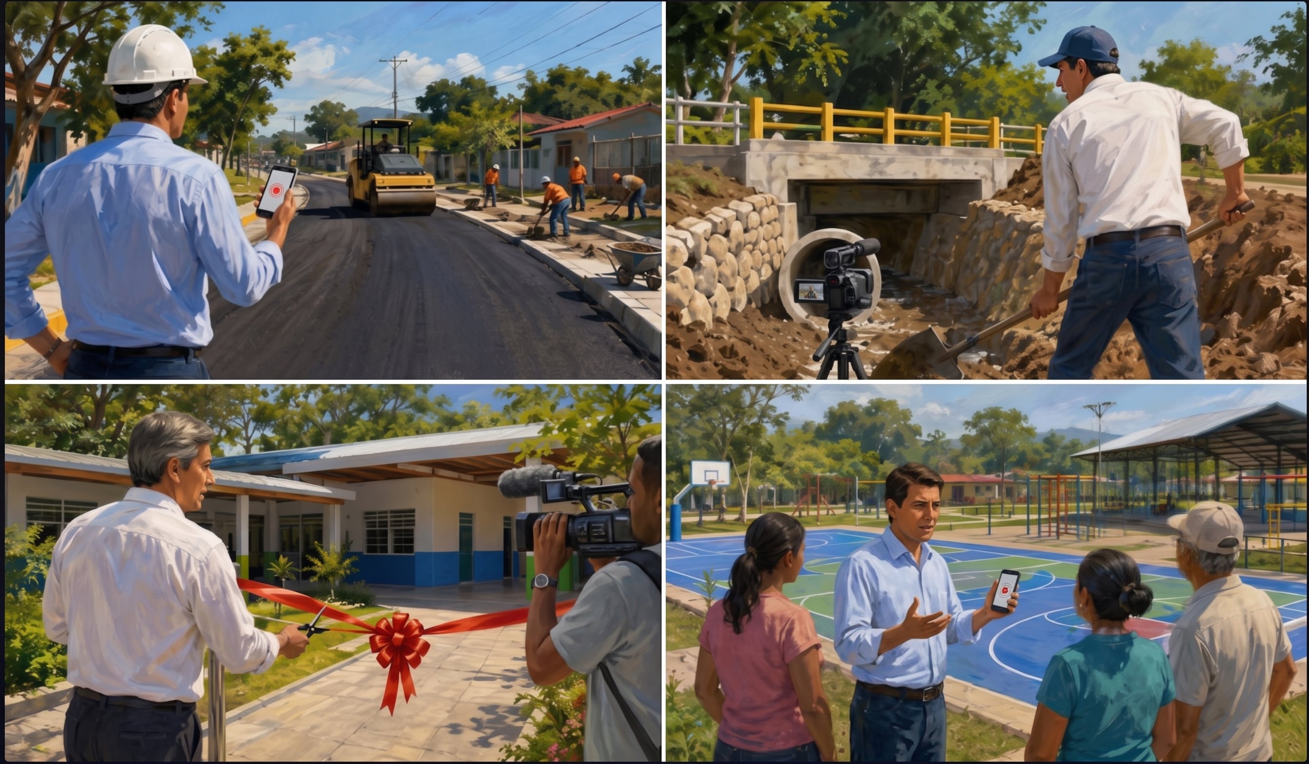 Alcaldes superestrellas filmándose mientras muestran obras de sus cantones: divulgan videos en los que aparecen con cascos, picos y palas, mostrando mejoras en calles, aceras, alcantarillas, puentes, parques, salones comunales e instalaciones deportivas