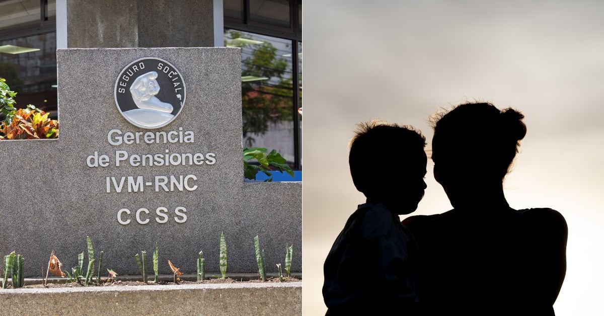 en la imagen la fachada de la gerencia de pensiones y una silueta de una mujer con un bebé en brazos