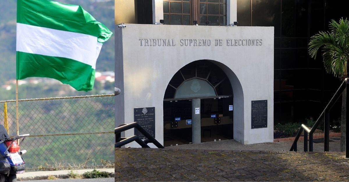 Una composición de imágenes. A la izquierda, una bandera del Partido Liberación Nacional. A la derecha, la fachada del Tribunal Supremo de Elecciones.