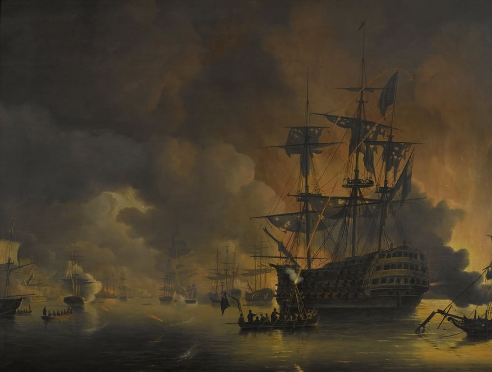 Pintura de Nicolaas Baur, c. 1816-20, del incendio en los muelles de Argel poco después del inicio del bombardeo por la flota angloholandesa, el 27 de agosto de 1816.