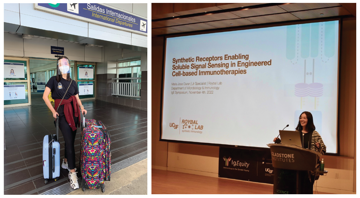 María José Durán cuando salió de SJO hacia San Francisco; y al presentar su investigación como en invitada en Gladstone Institute, UCSF 2022