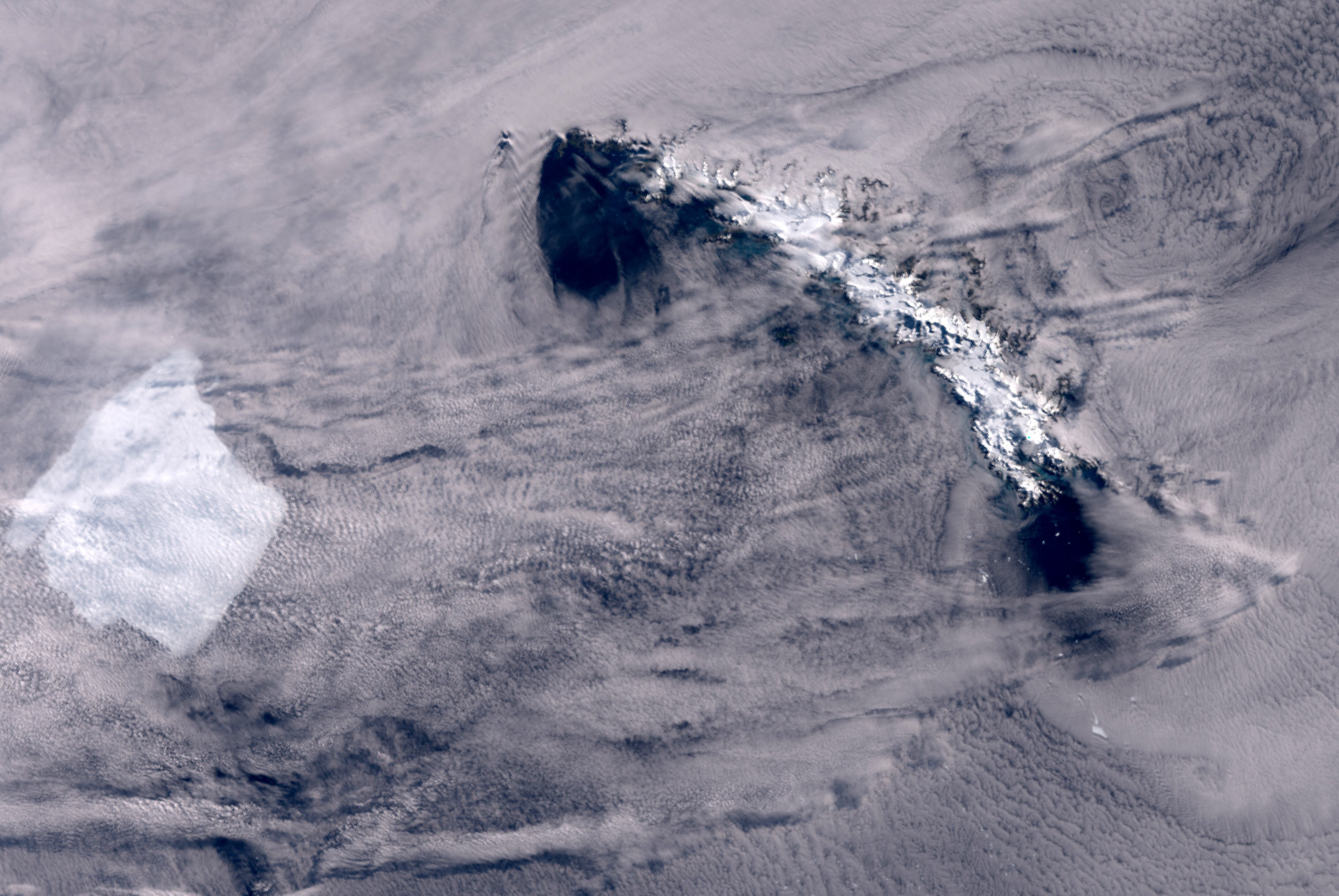 (FILES) This handout satellite image released by Copernicus Sentinel Data 2025, shows A23A Iceberg getting closer to the South Georgia Island in the Weddell Sea in Antarctica on February 24, 2025. The world's biggest iceberg appears to have run aground, potentially spar