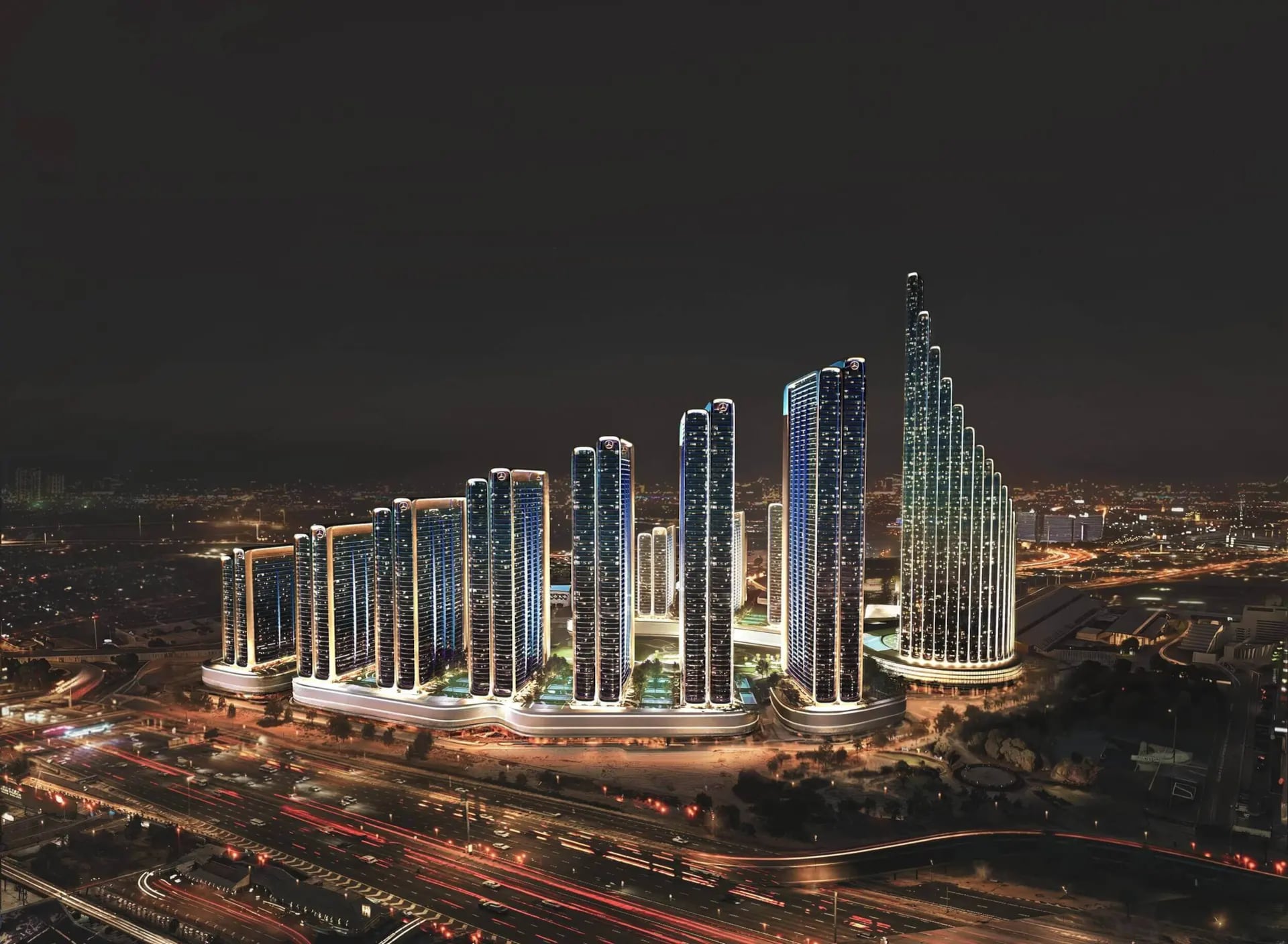 Dubái sumará un distrito residencial firmado por Mercedes-Benz. El complejo tendrá 12 torres, 13.000 apartamentos y una torre central de 341 metros.